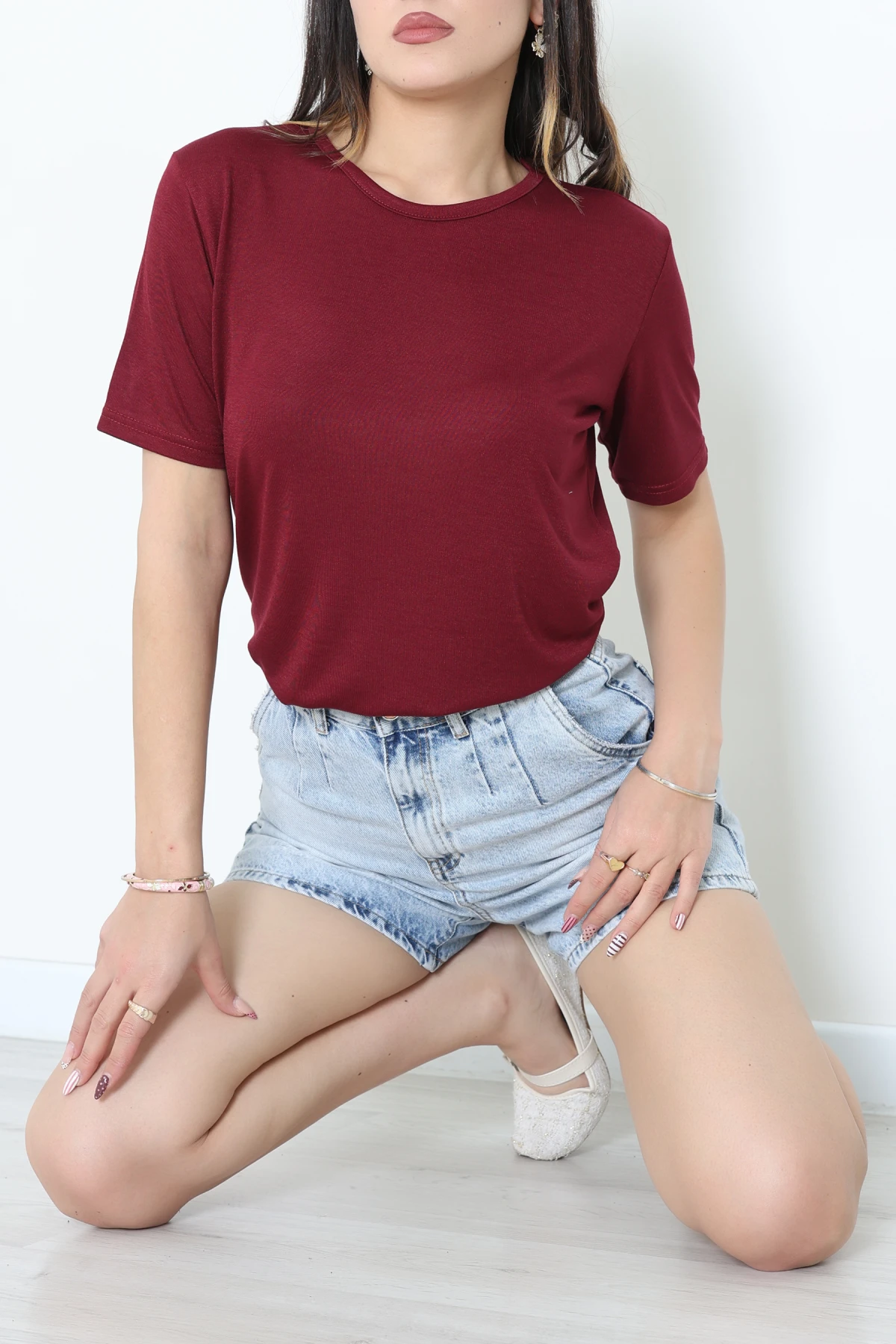 Bisiklet Yaka Kısa Kollu Viskon Bluz Bordo - 71488.599.