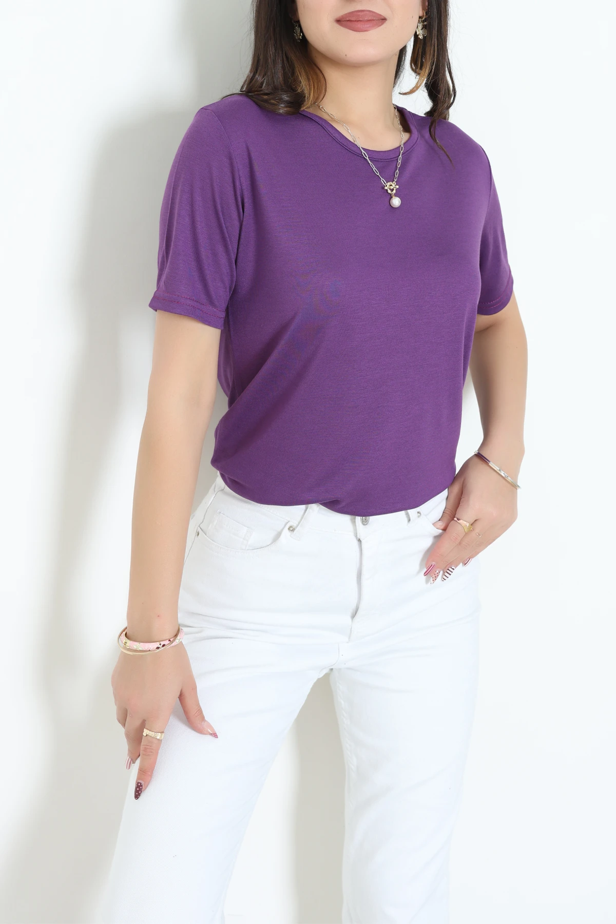 Bisiklet Yaka Kısa Kollu Viskon Bluz Mor - 71488.599.
