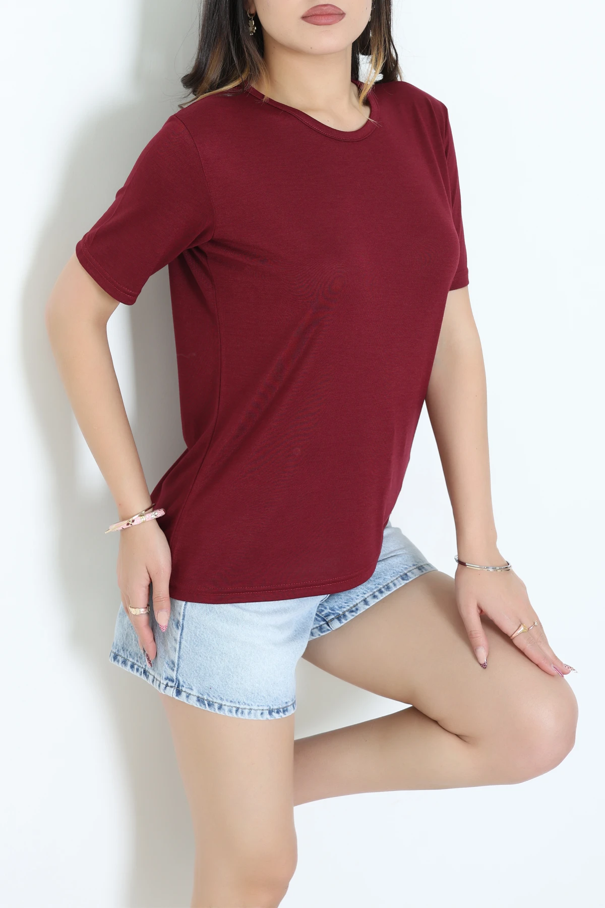 Bisiklet Yaka Kısa Kollu Viskon Bluz Bordo - 71488.599.