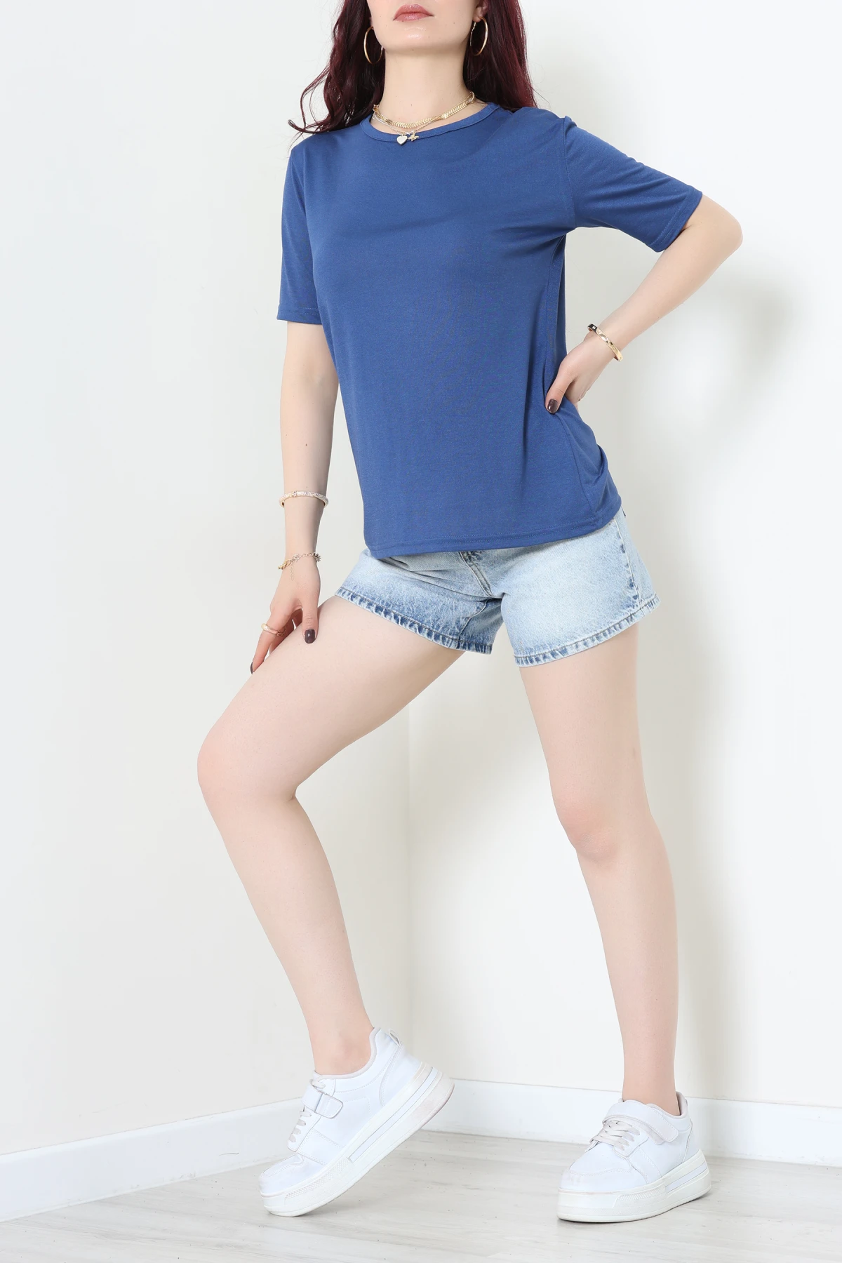 Bisiklet Yaka Kısa Kollu Viskon Bluz Mavi - 71488.599.