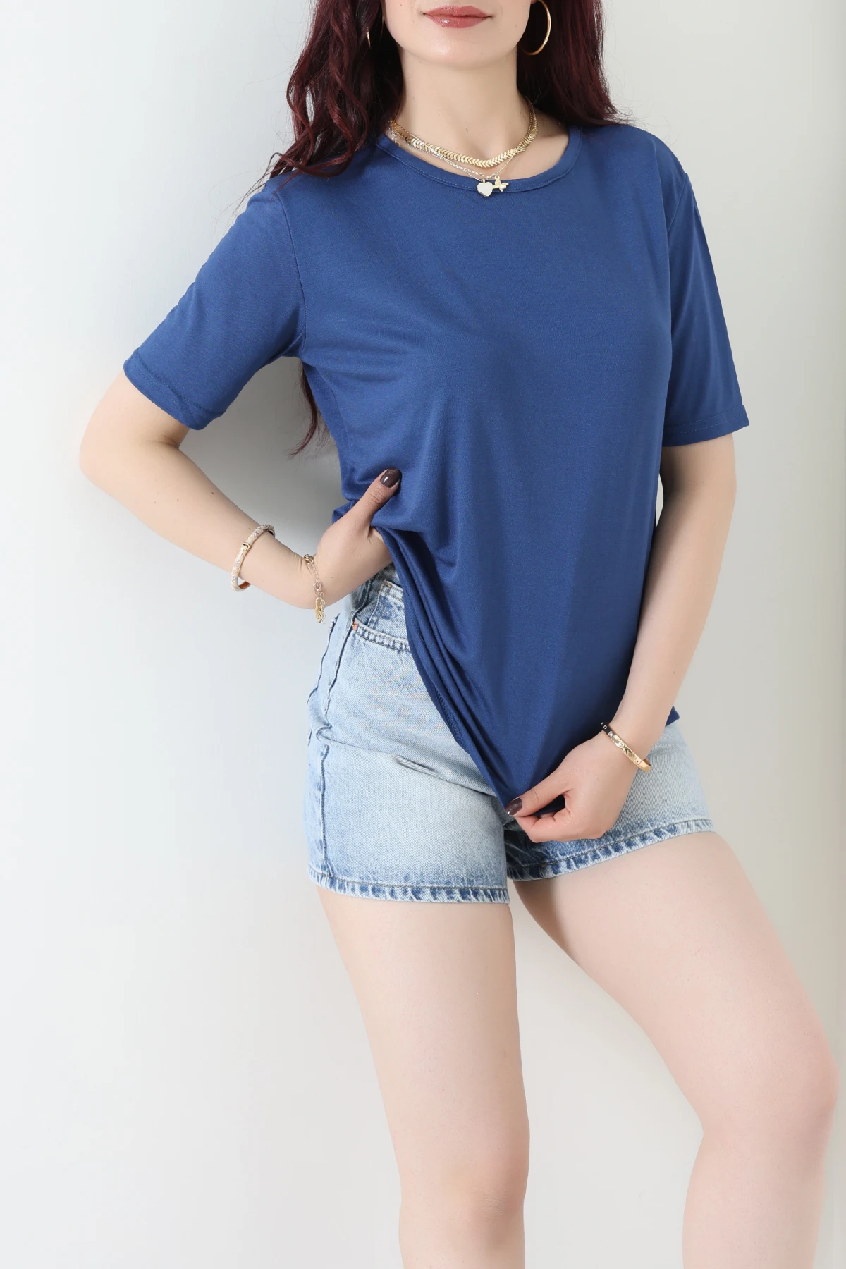 Bisiklet Yaka Kısa Kollu Viskon Bluz Mavi - 71488.599.