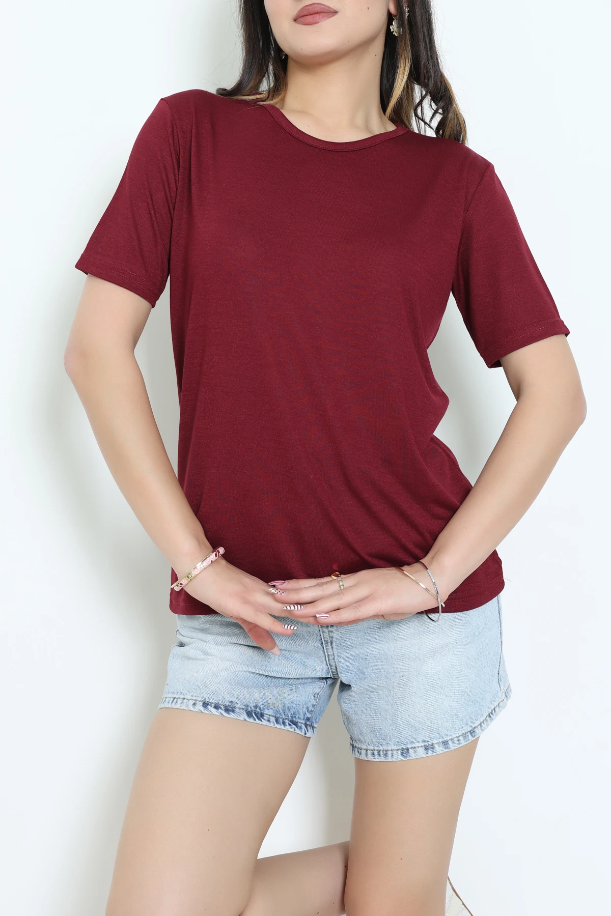 Bisiklet Yaka Kısa Kollu Viskon Bluz Bordo - 71488.599.