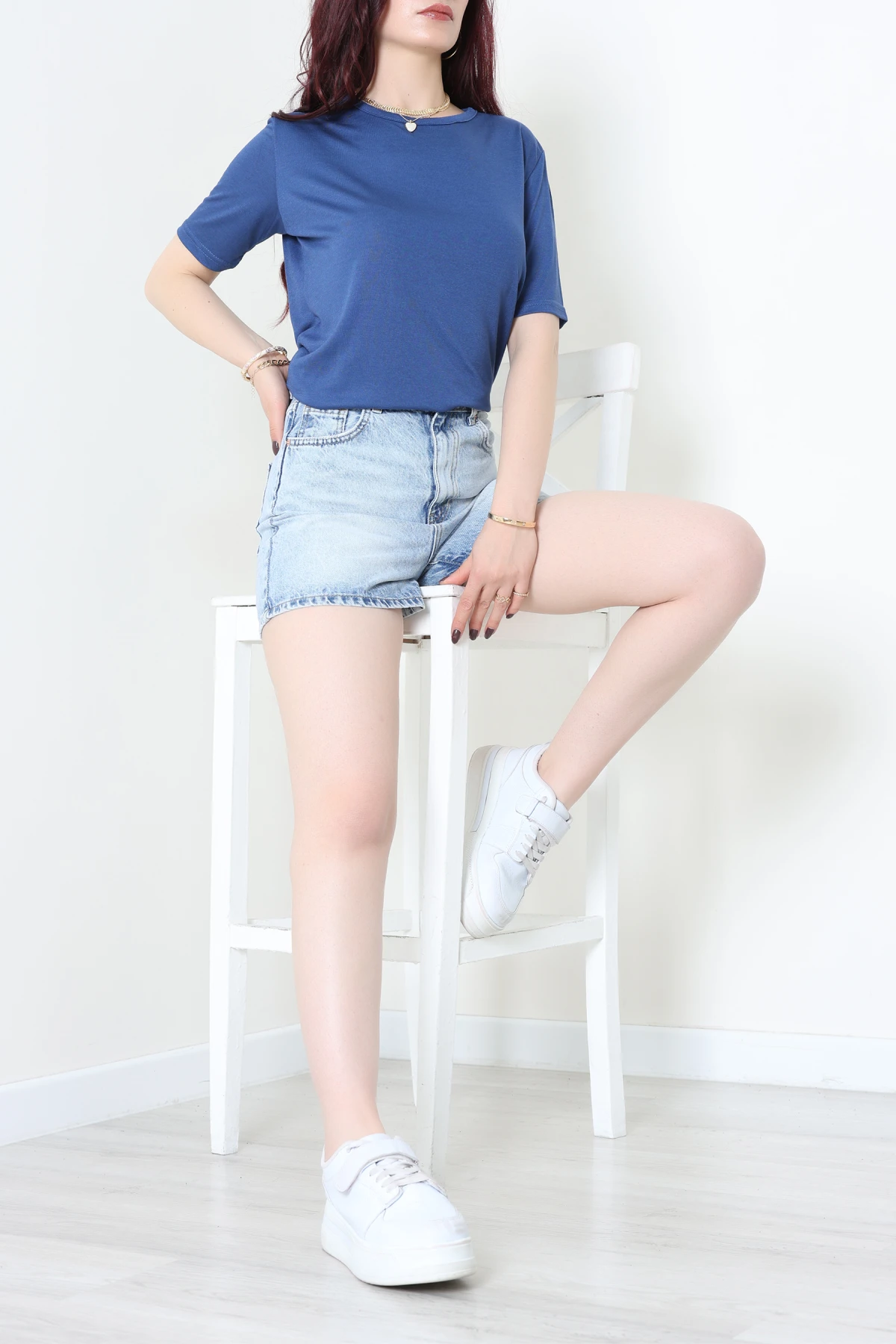 Bisiklet Yaka Kısa Kollu Viskon Bluz Mavi - 71488.599.