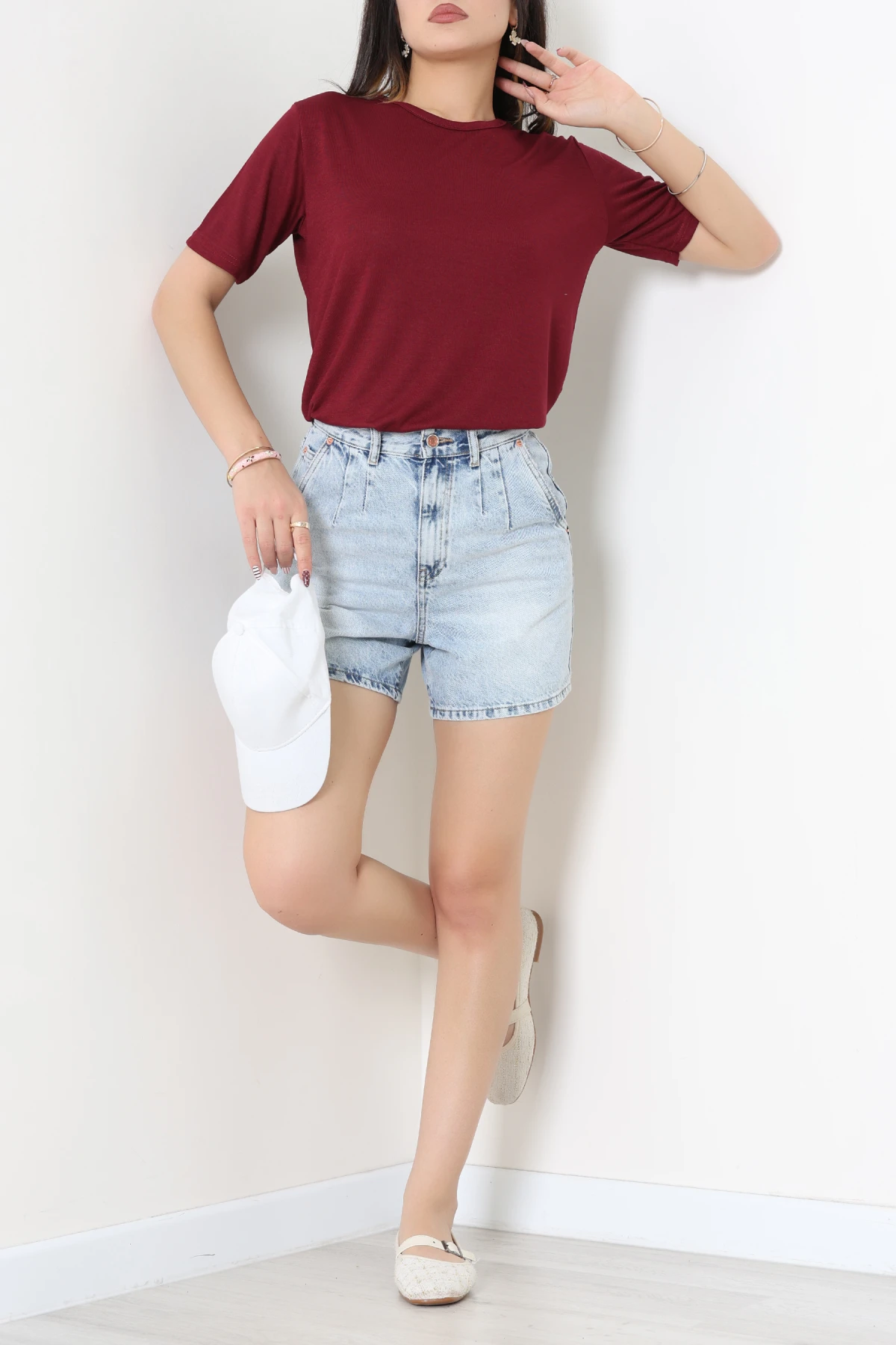 Bisiklet Yaka Kısa Kollu Viskon Bluz Bordo - 71488.599.