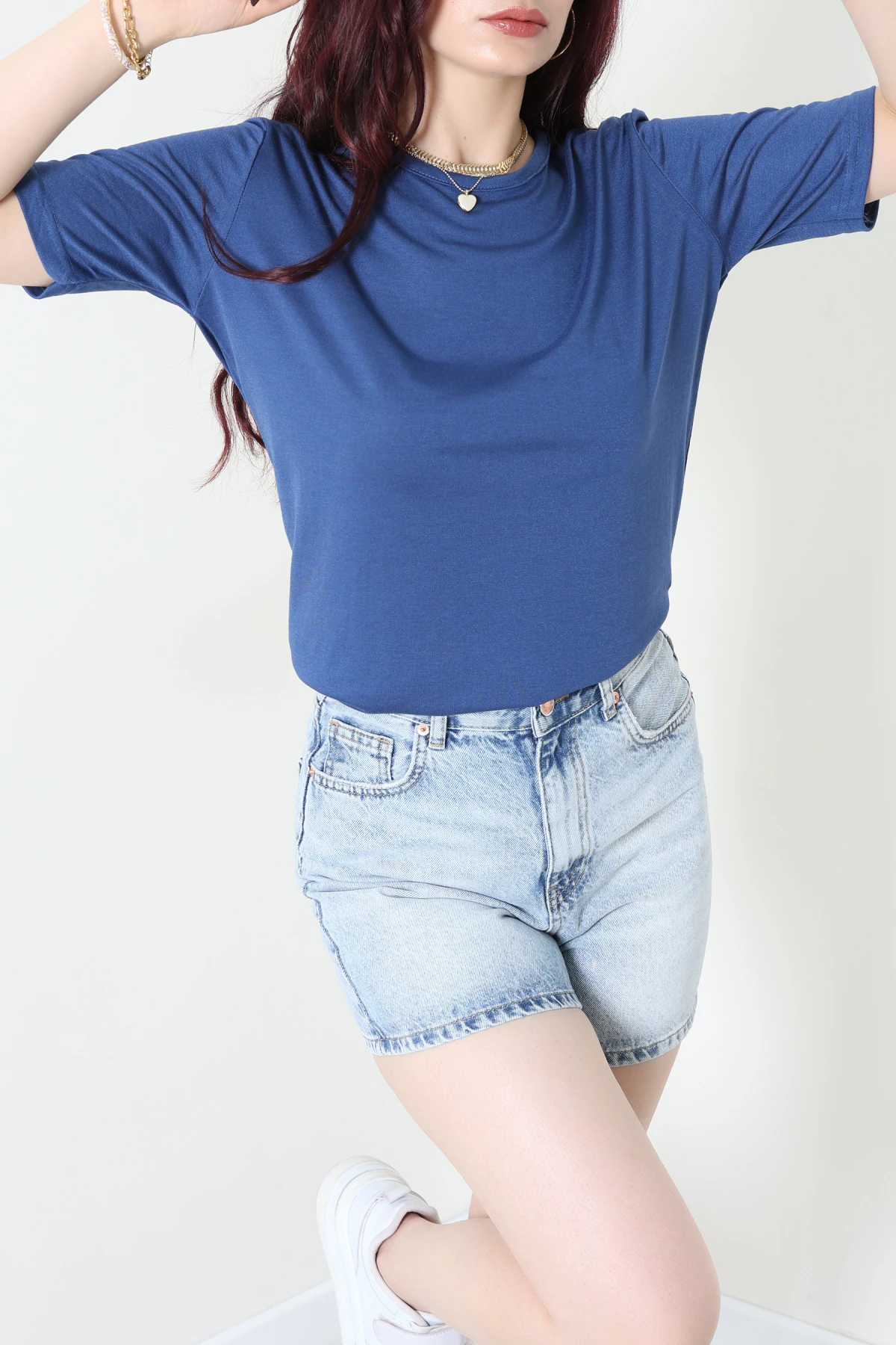 Bisiklet Yaka Kısa Kollu Viskon Bluz Mavi - 71488.599.