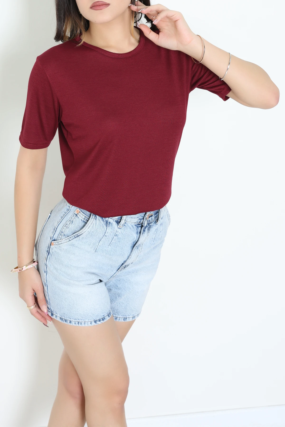 Bisiklet Yaka Kısa Kollu Viskon Bluz Bordo - 71488.599.