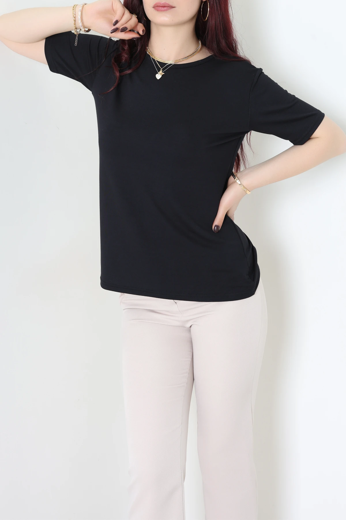 Bisiklet Yaka Kısa Kollu Viskon Bluz Siyah - 71488.599.