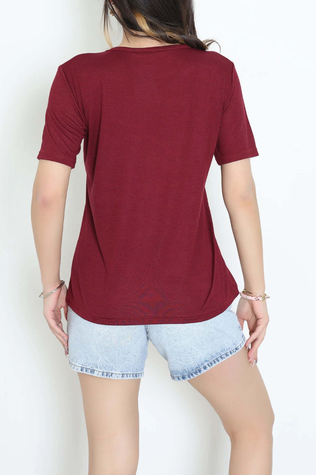 Bisiklet Yaka Kısa Kollu Viskon Bluz Bordo - 71488.599.