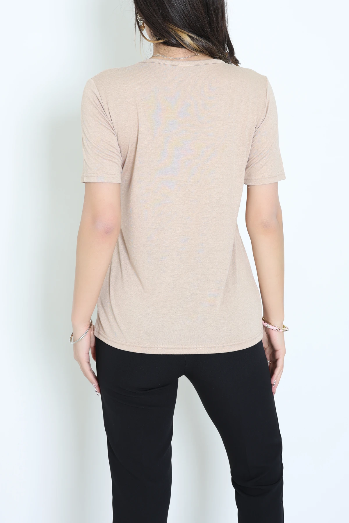 Bisiklet Yaka Kısa Kollu Viskon Bluz Bej - 71488.599.