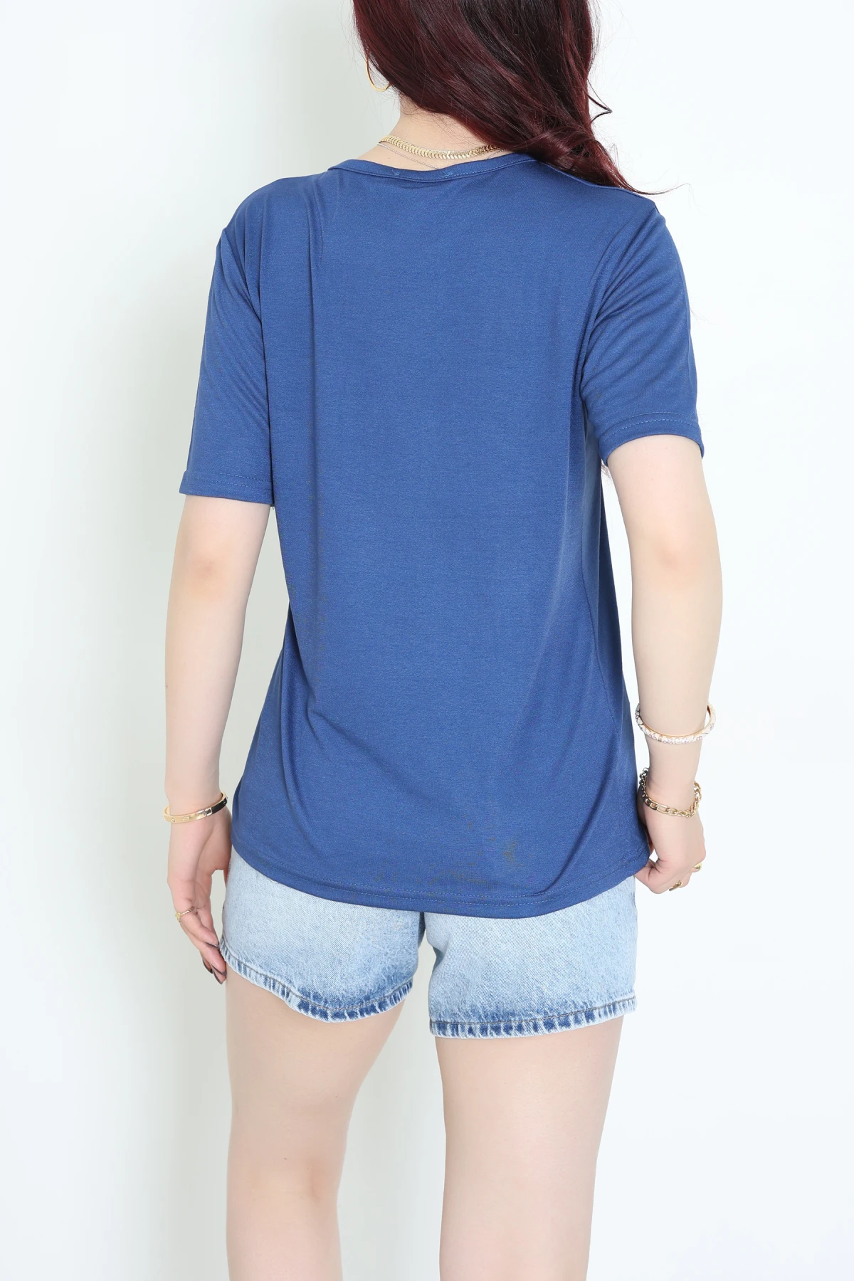 Bisiklet Yaka Kısa Kollu Viskon Bluz Mavi - 71488.599.