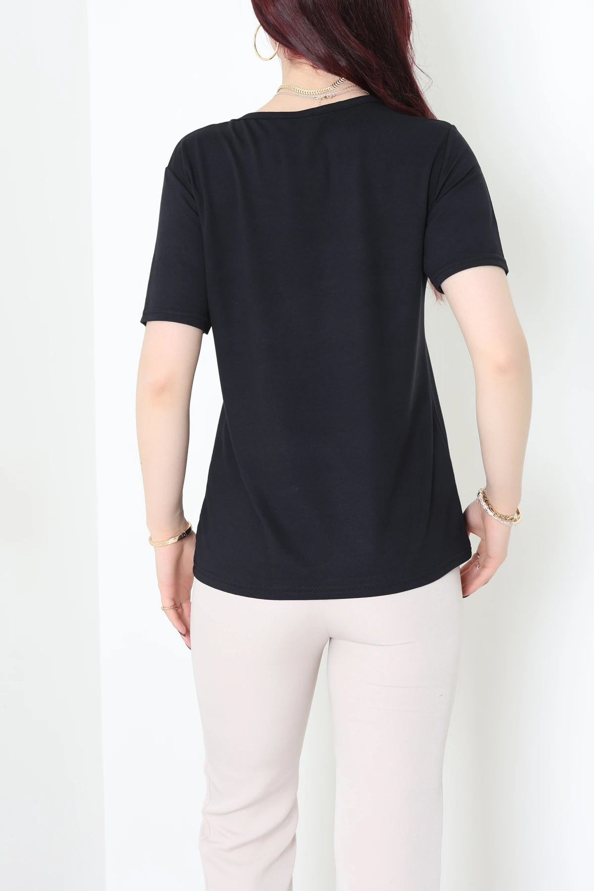 Bisiklet Yaka Kısa Kollu Viskon Bluz Siyah - 71488.599.
