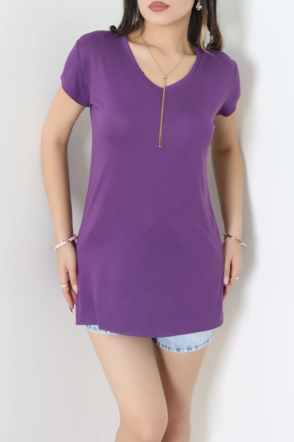 V Yaka Kısa Kollu Viskon Bluz Mor - 71489.599.