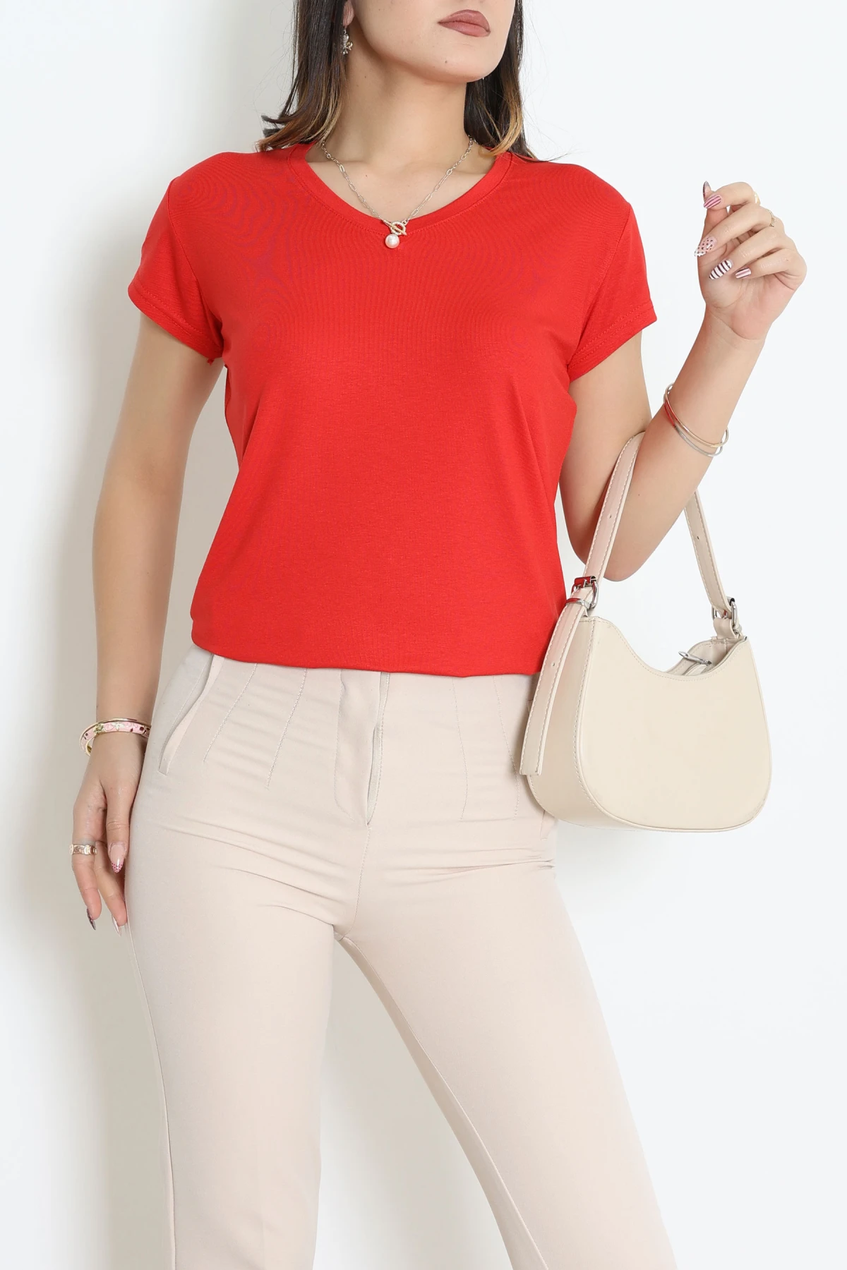 V Yaka Kısa Kollu Viskon Bluz Kırmızı - 71489.599.