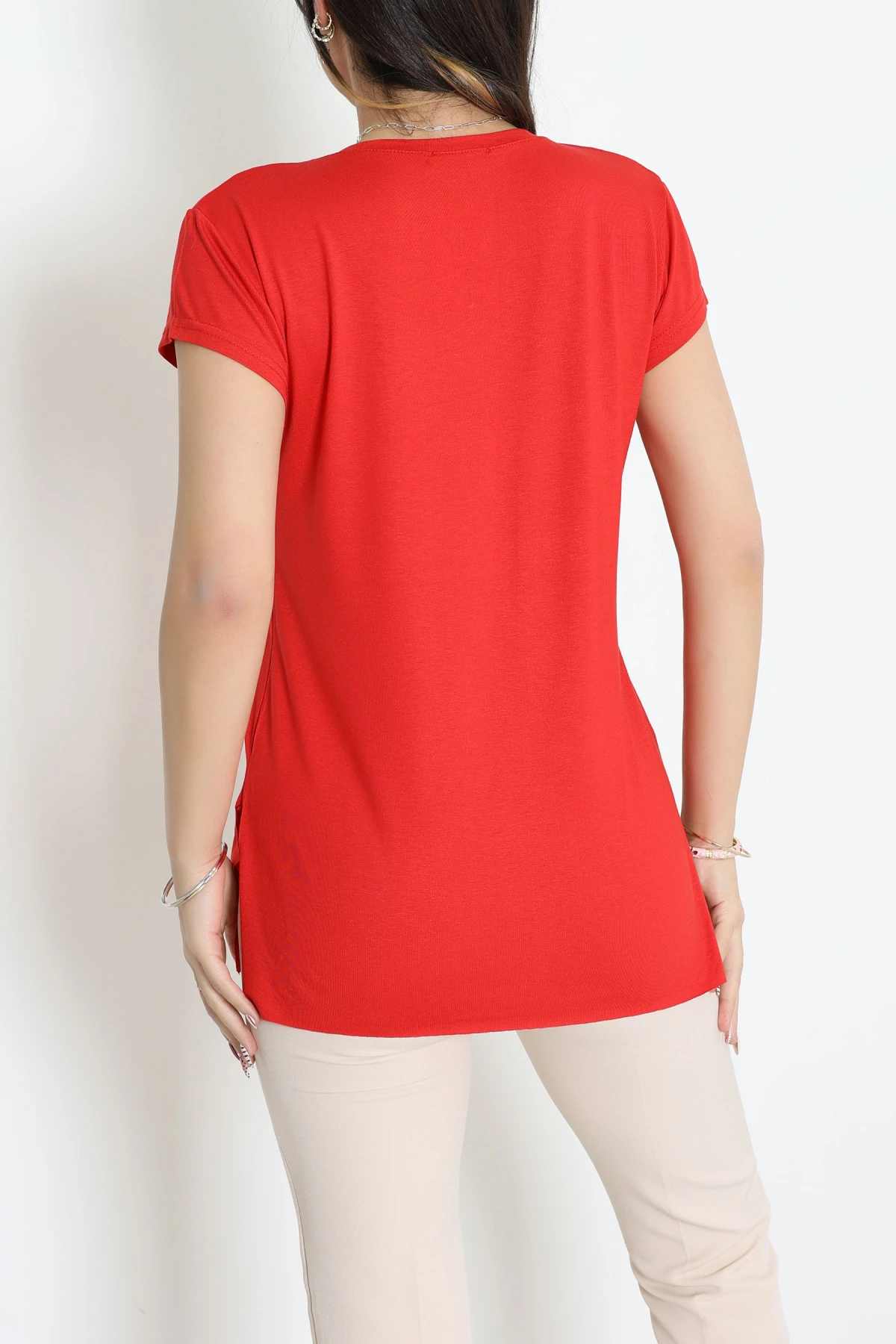 V Yaka Kısa Kollu Viskon Bluz Kırmızı - 71489.599.