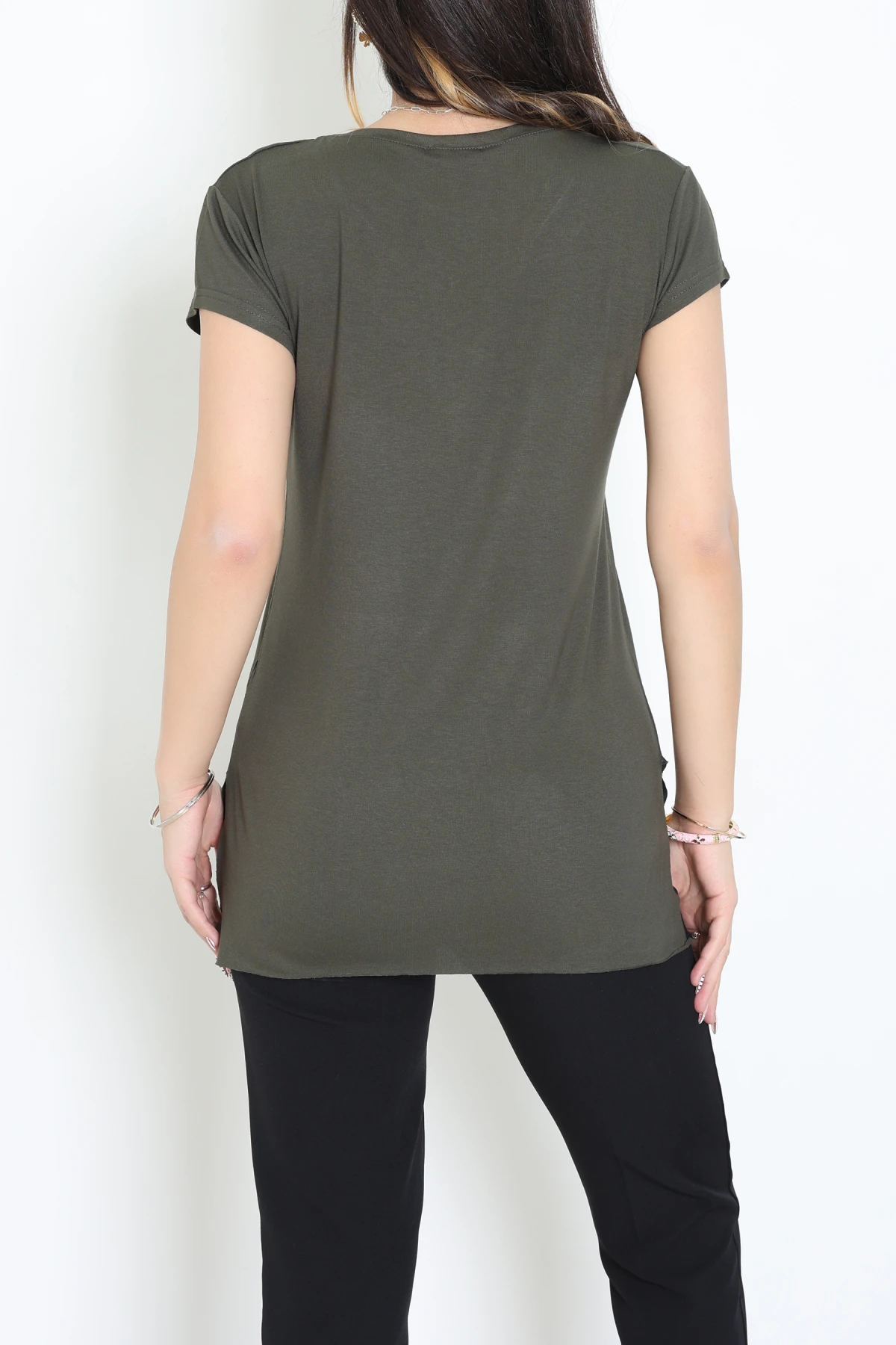 V Yaka Kısa Kollu Viskon Bluz Haki - 71489.599.