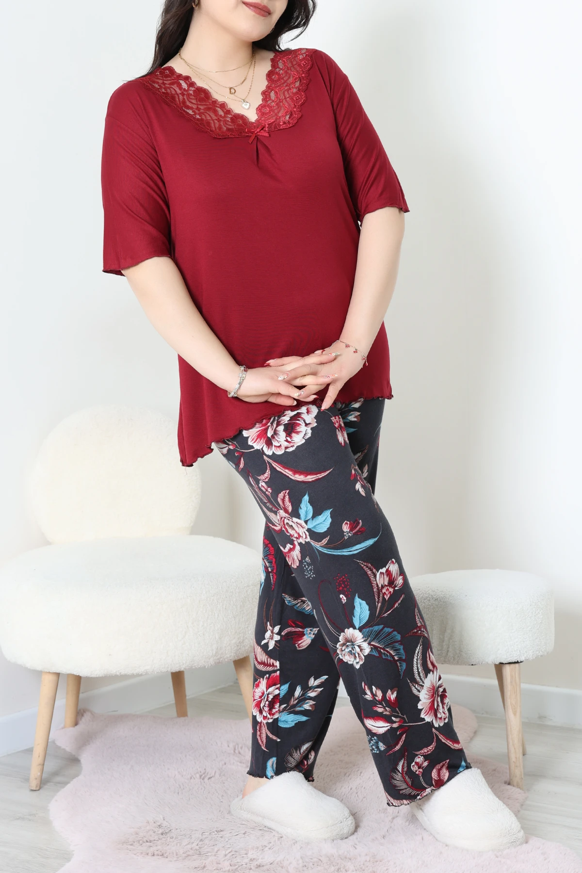 Büyük Beden Dantelli Pijama Takımı Bordomavi - 71500.1773.