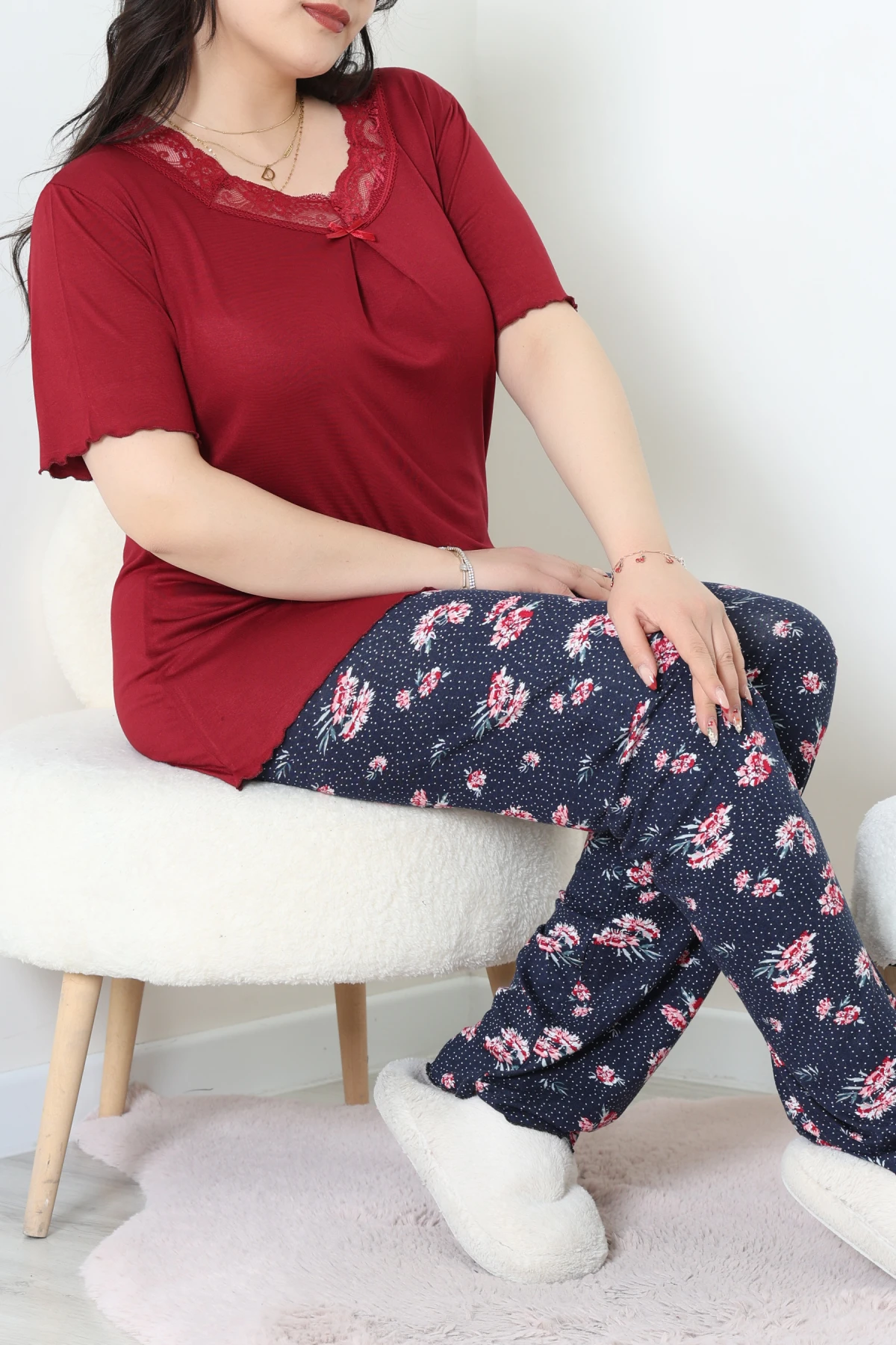 Büyük Beden Dantelli Pijama Takımı Bordolaci - 71500.1773.