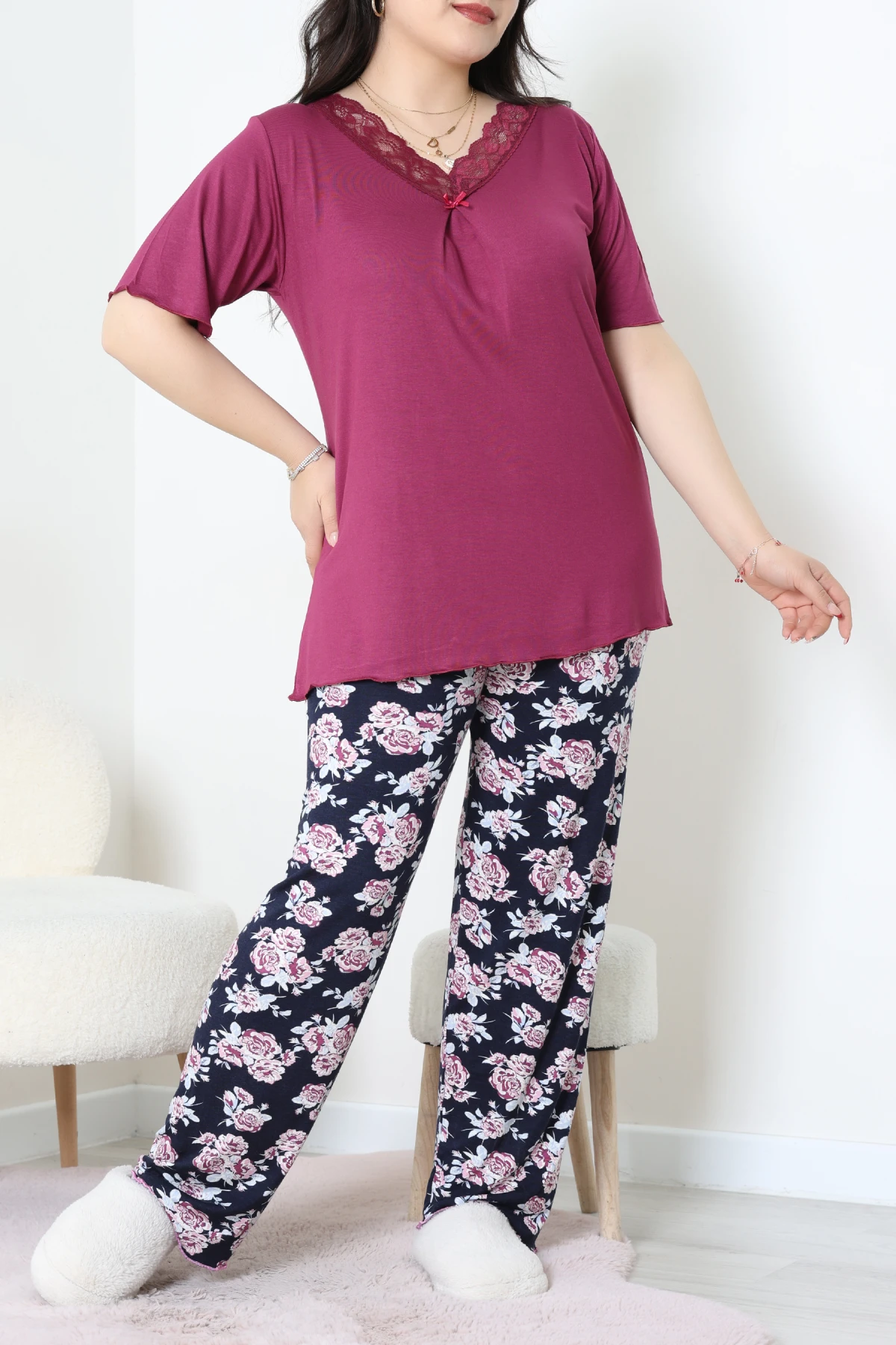 Büyük Beden Dantelli Pijama Takımı Mor - 71500.1773.
