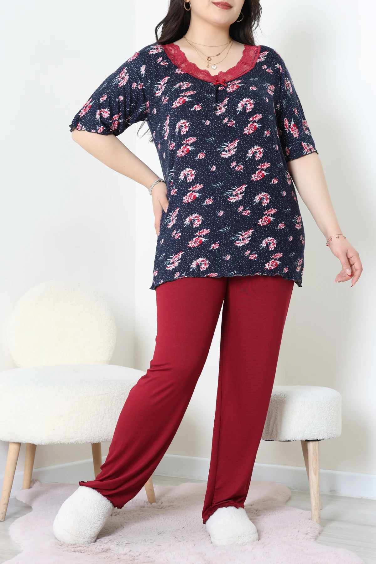 Büyük Beden Dantelli Pijama Takımı Lacibordo - 71500.1773.