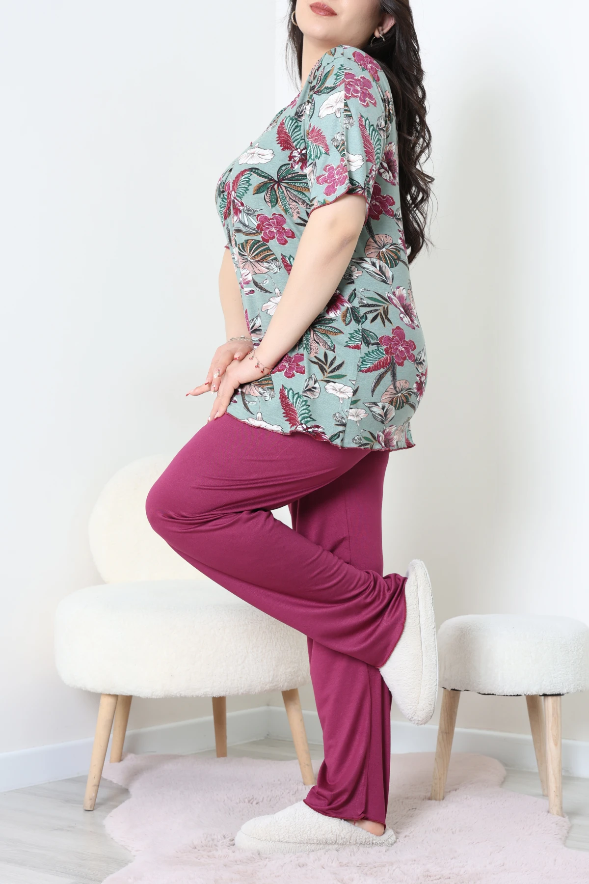 Büyük Beden Dantelli Pijama Takımı Çağla - 71500.1773.