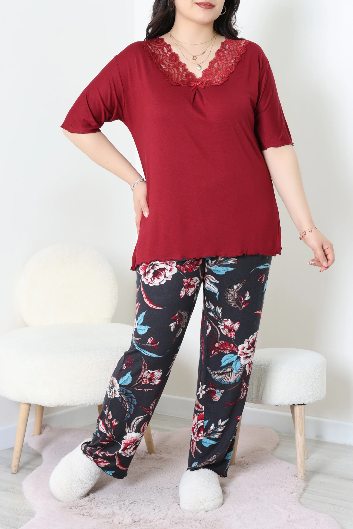 Büyük Beden Dantelli Pijama Takımı Bordomavi - 71500.1773.