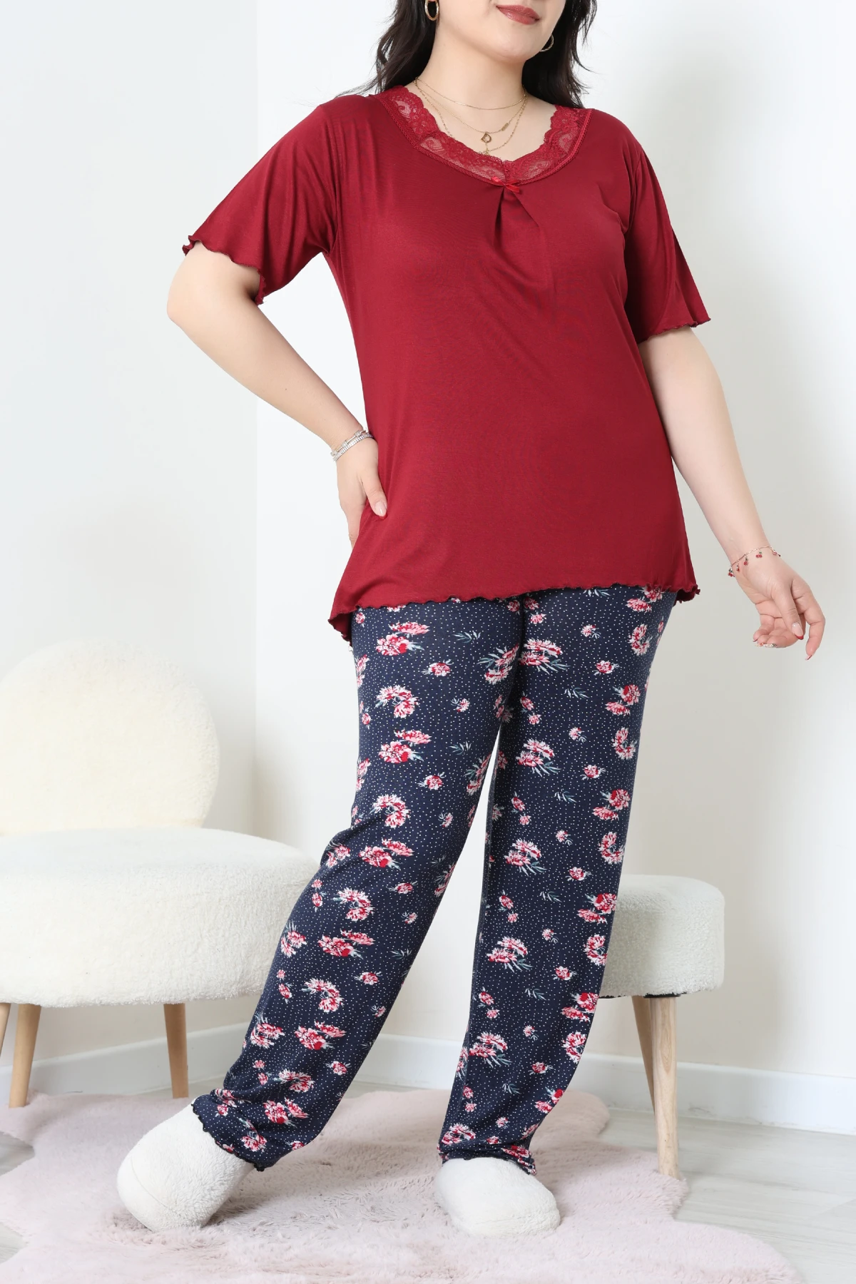 Büyük Beden Dantelli Pijama Takımı Bordolaci - 71500.1773.
