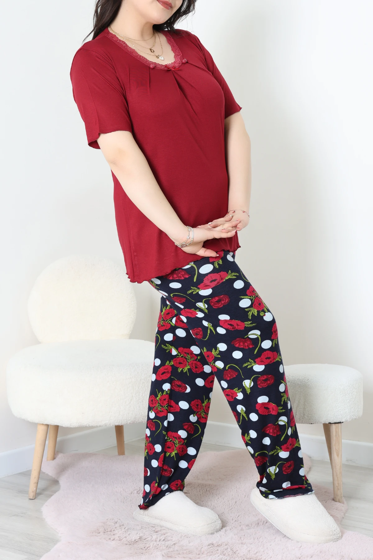 Büyük Beden Dantelli Pijama Takımı Bordoçiçekli - 71500.1773.