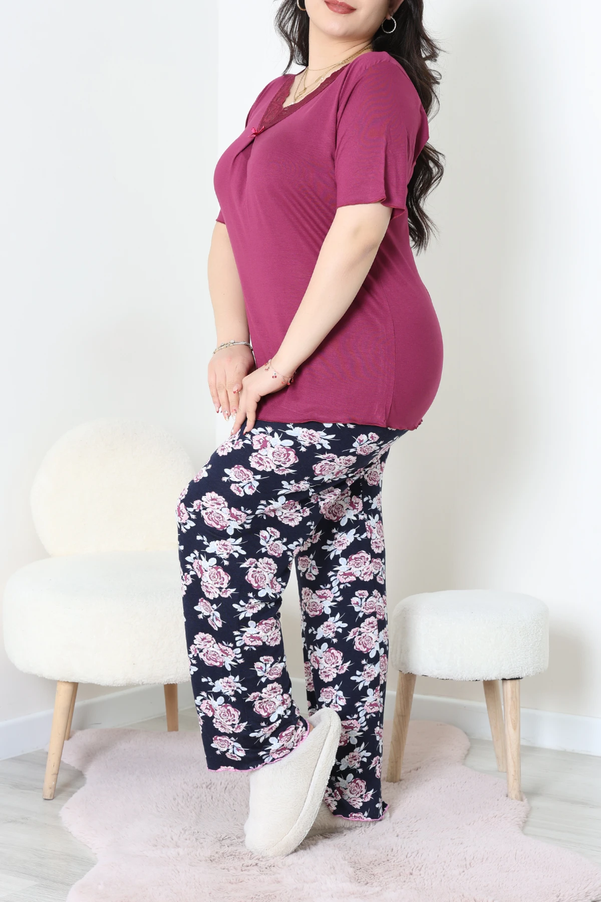 Büyük Beden Dantelli Pijama Takımı Mor - 71500.1773.