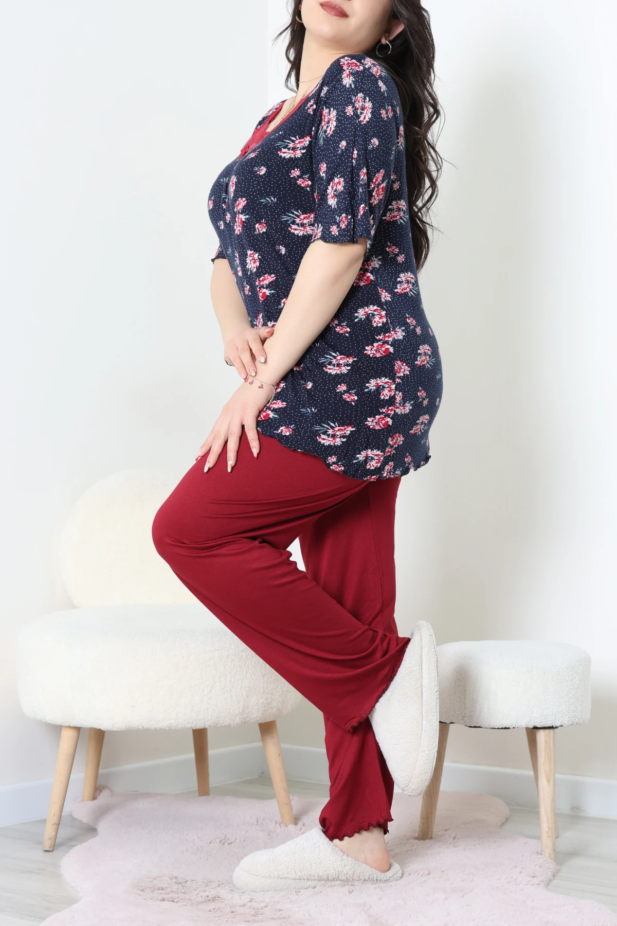 Büyük Beden Dantelli Pijama Takımı Lacibordo - 71500.1773.