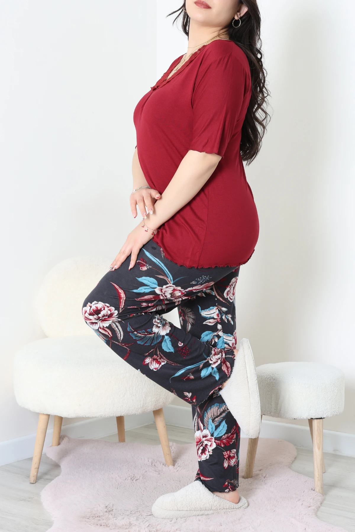 Büyük Beden Dantelli Pijama Takımı Bordomavi - 71500.1773.