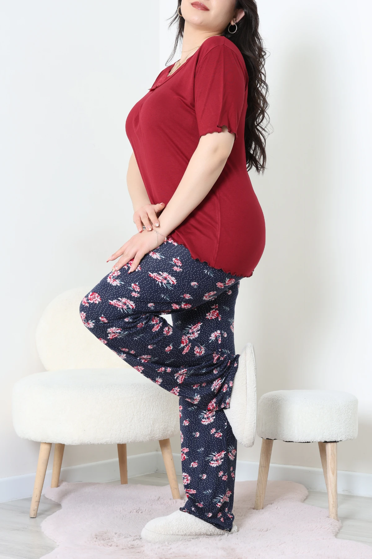 Büyük Beden Dantelli Pijama Takımı Bordolaci - 71500.1773.