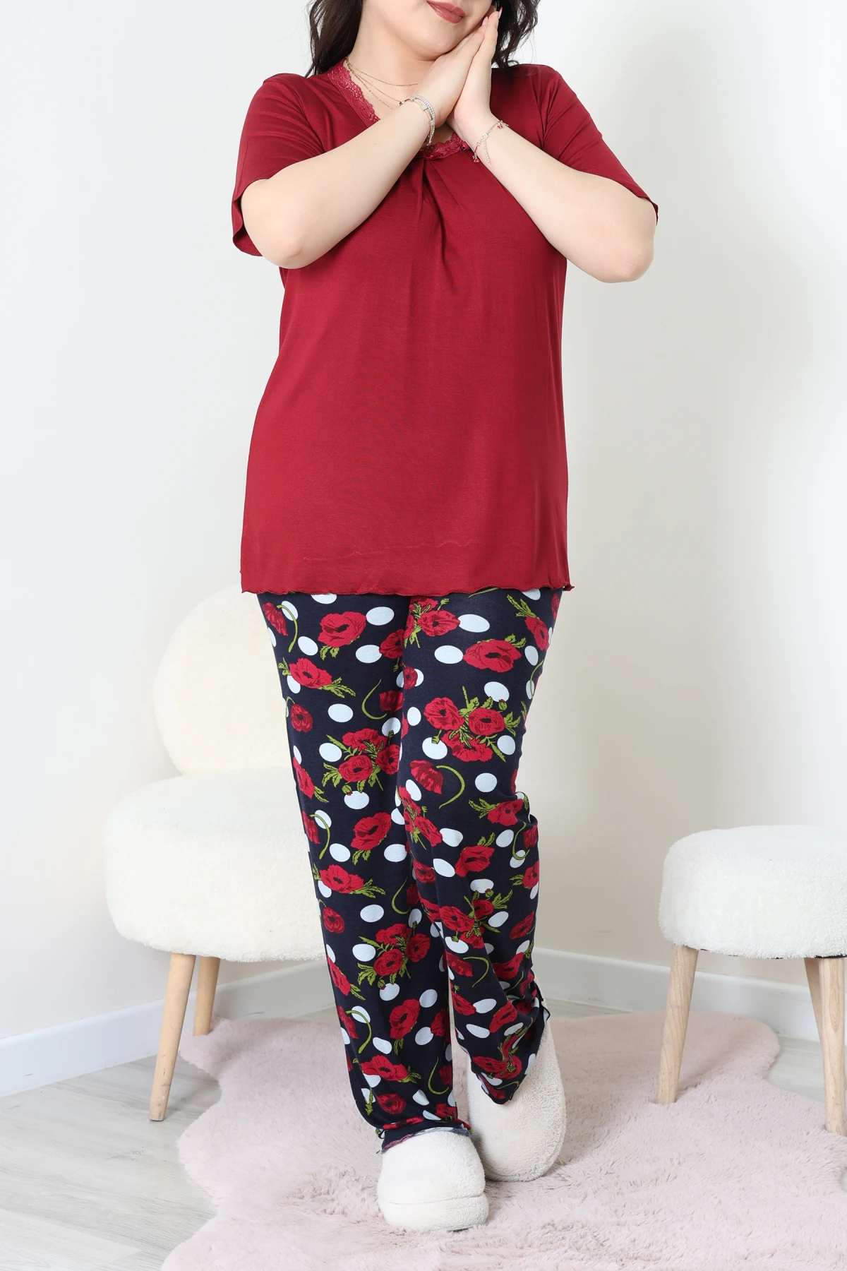 Büyük Beden Dantelli Pijama Takımı Bordoçiçekli - 71500.1773.