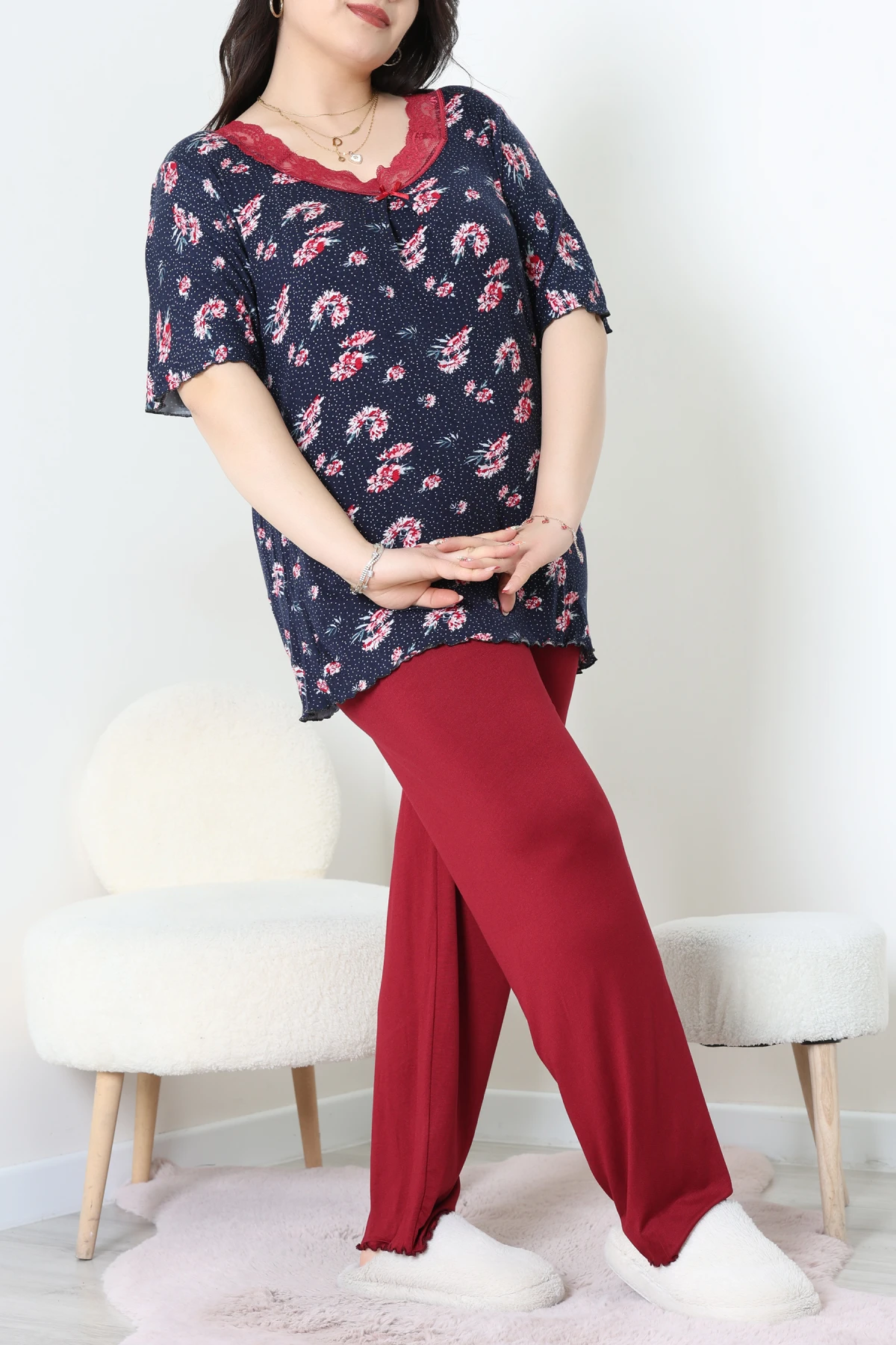 Büyük Beden Dantelli Pijama Takımı Lacibordo - 71500.1773.