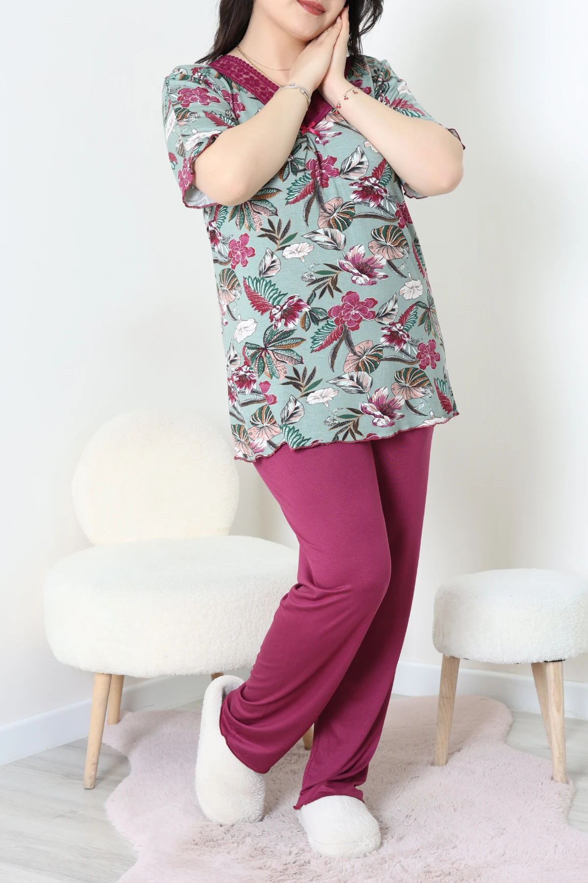 Büyük Beden Dantelli Pijama Takımı Çağla - 71500.1773.