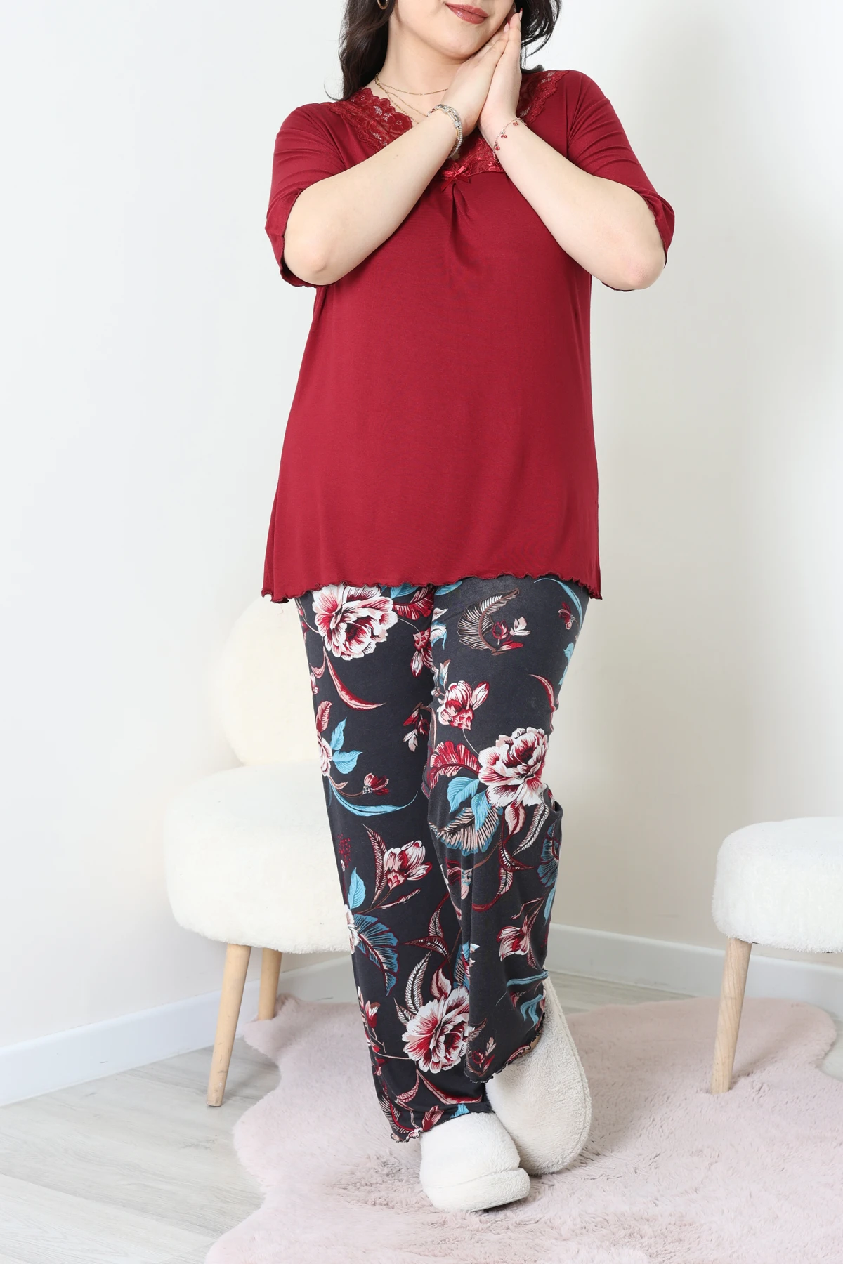 Büyük Beden Dantelli Pijama Takımı Bordomavi - 71500.1773.