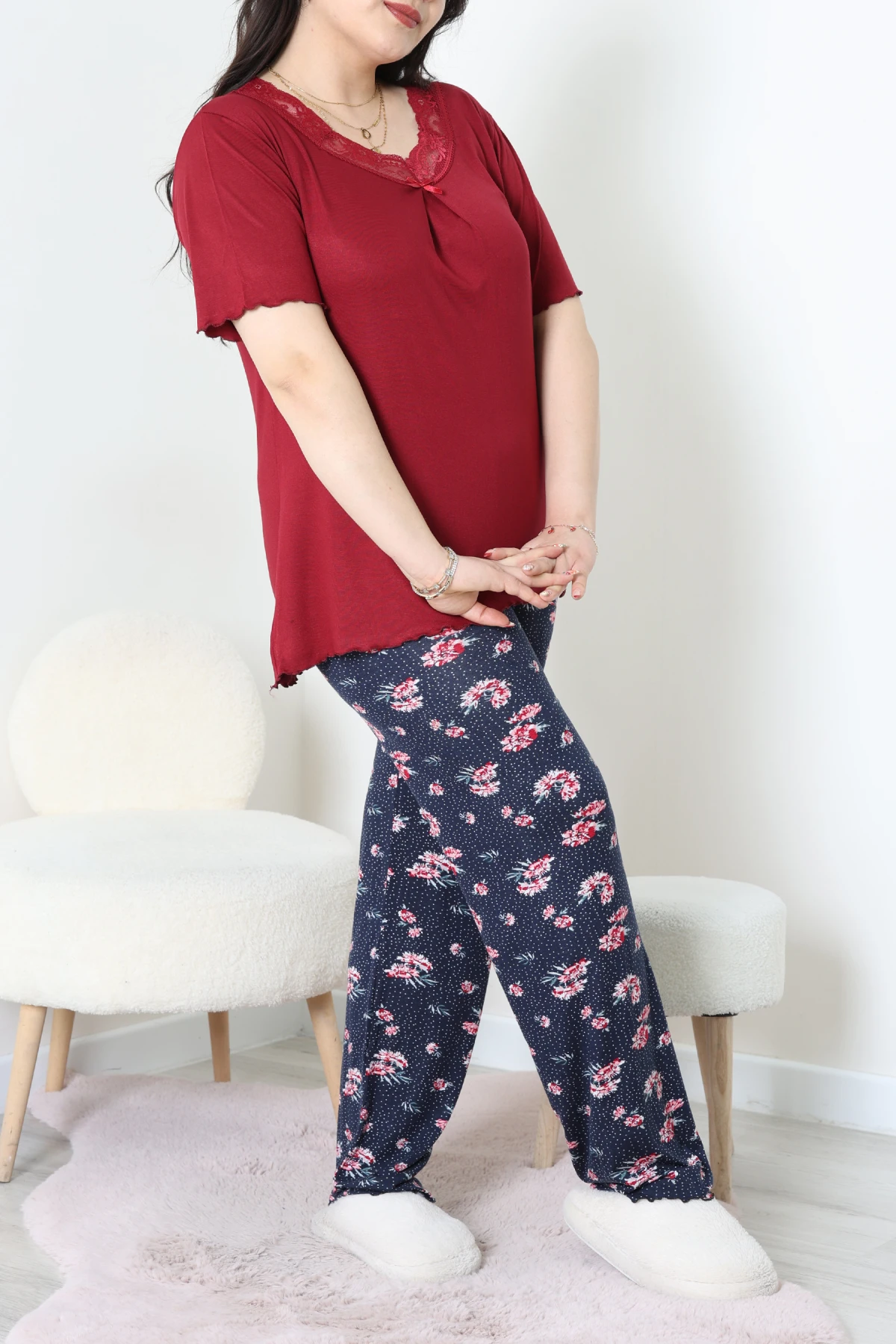 Büyük Beden Dantelli Pijama Takımı Bordolaci - 71500.1773.
