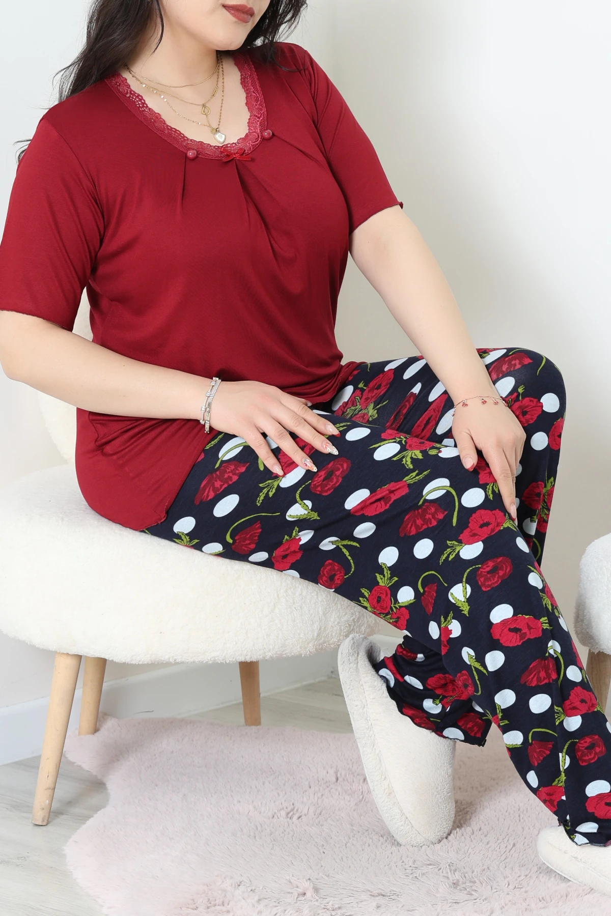 Büyük Beden Dantelli Pijama Takımı Bordoçiçekli - 71500.1773.