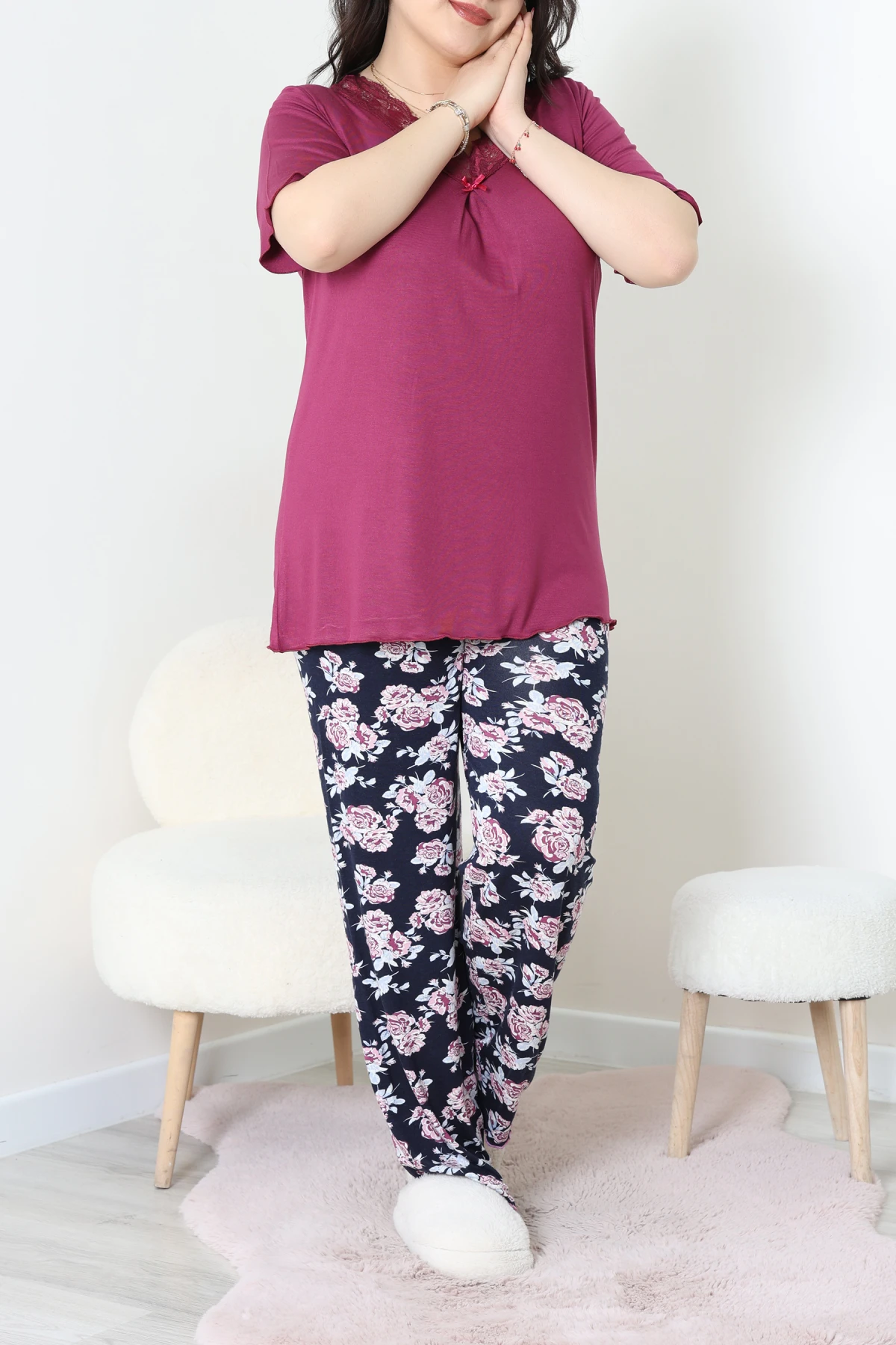Büyük Beden Dantelli Pijama Takımı Mor - 71500.1773.