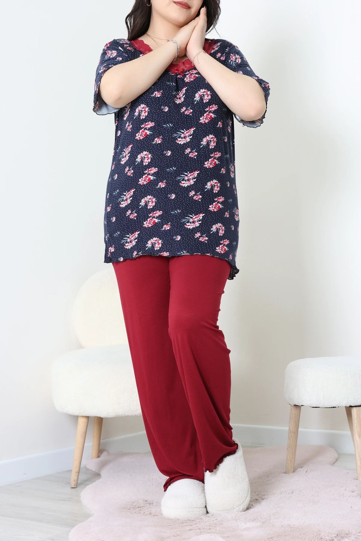 Büyük Beden Dantelli Pijama Takımı Lacibordo - 71500.1773.