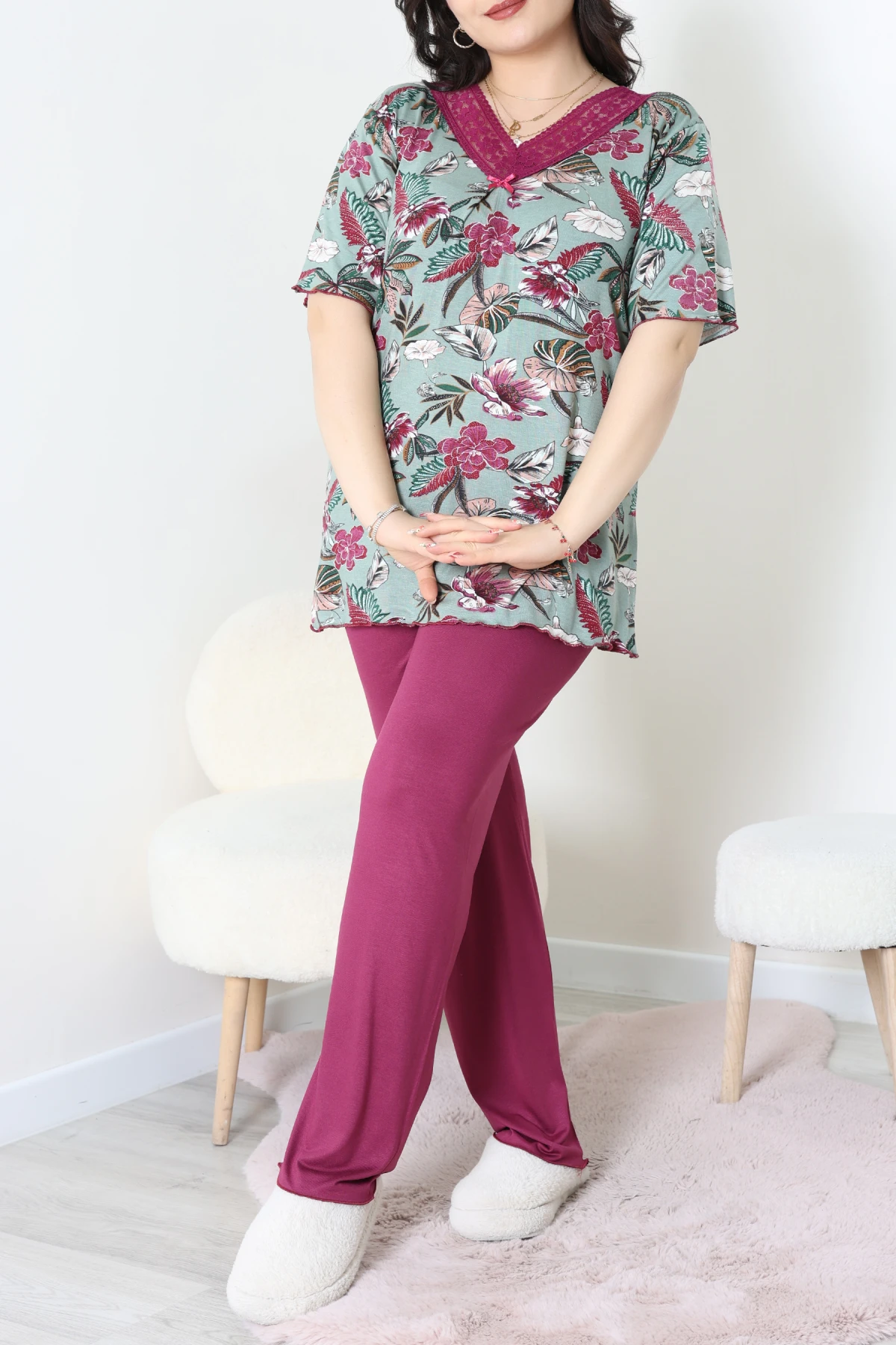 Büyük Beden Dantelli Pijama Takımı Çağla - 71500.1773.