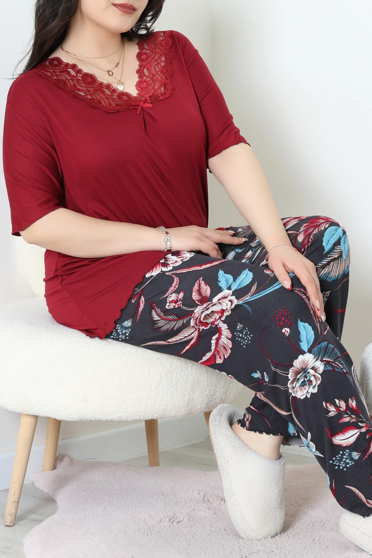 Büyük Beden Dantelli Pijama Takımı Bordomavi - 71500.1773.