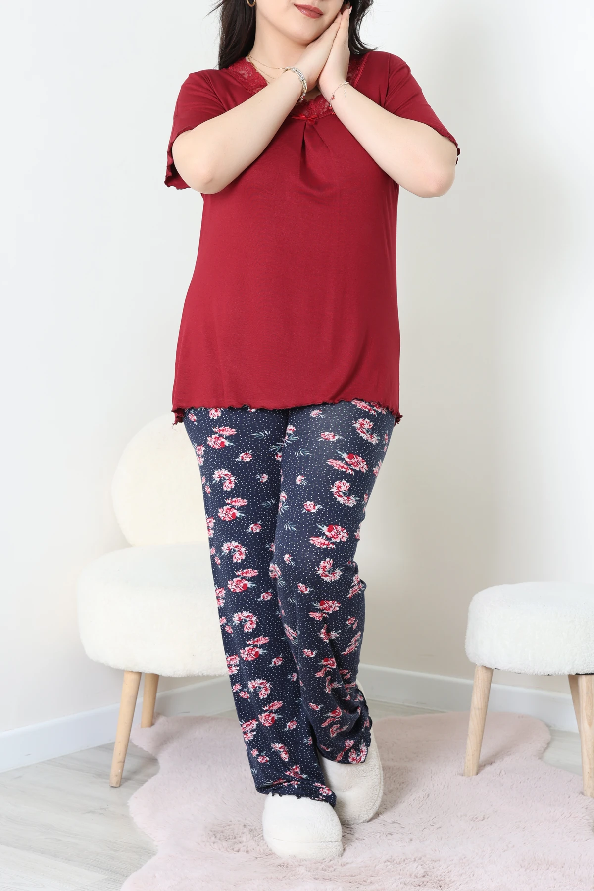Büyük Beden Dantelli Pijama Takımı Bordolaci - 71500.1773.