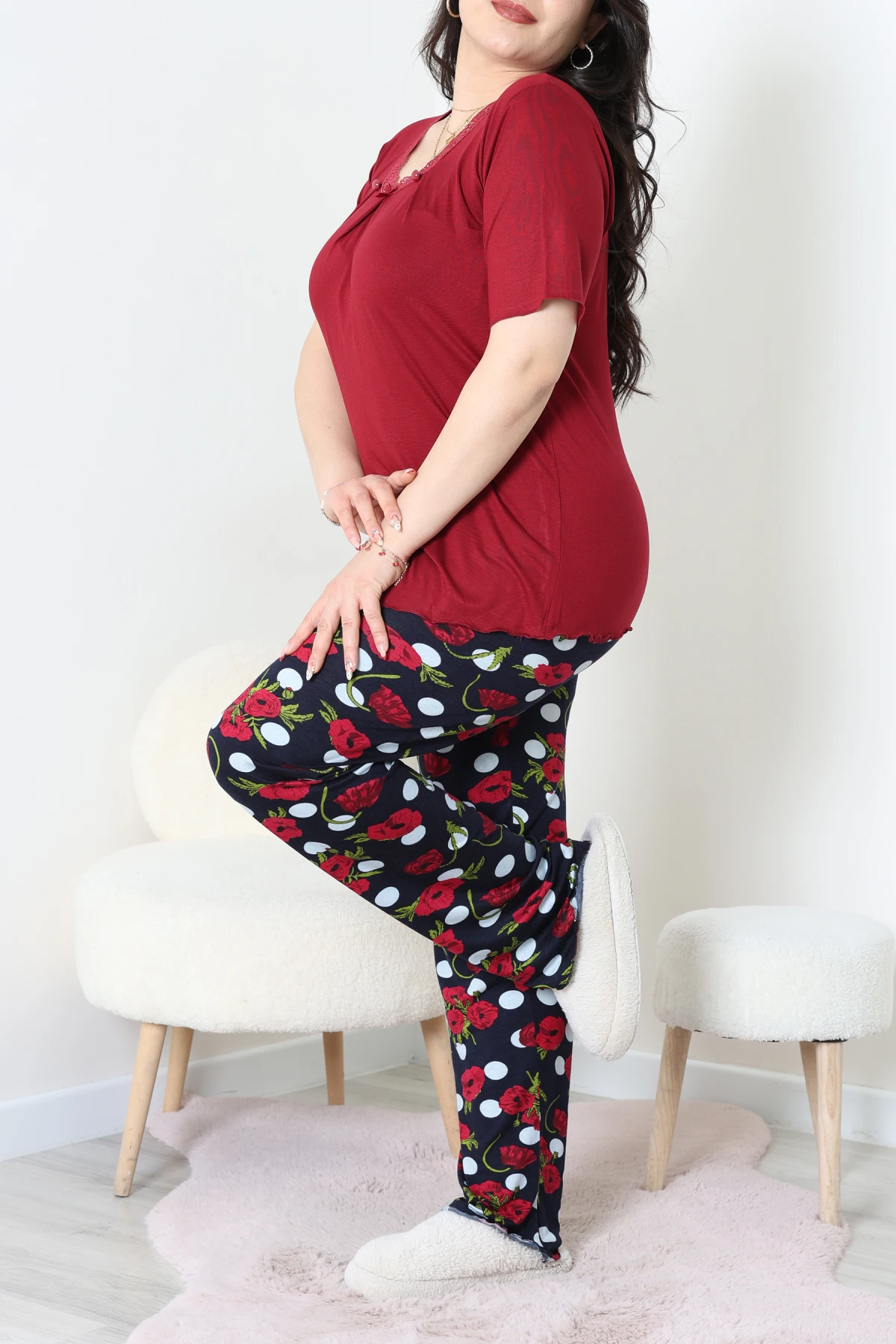 Büyük Beden Dantelli Pijama Takımı Bordoçiçekli - 71500.1773.
