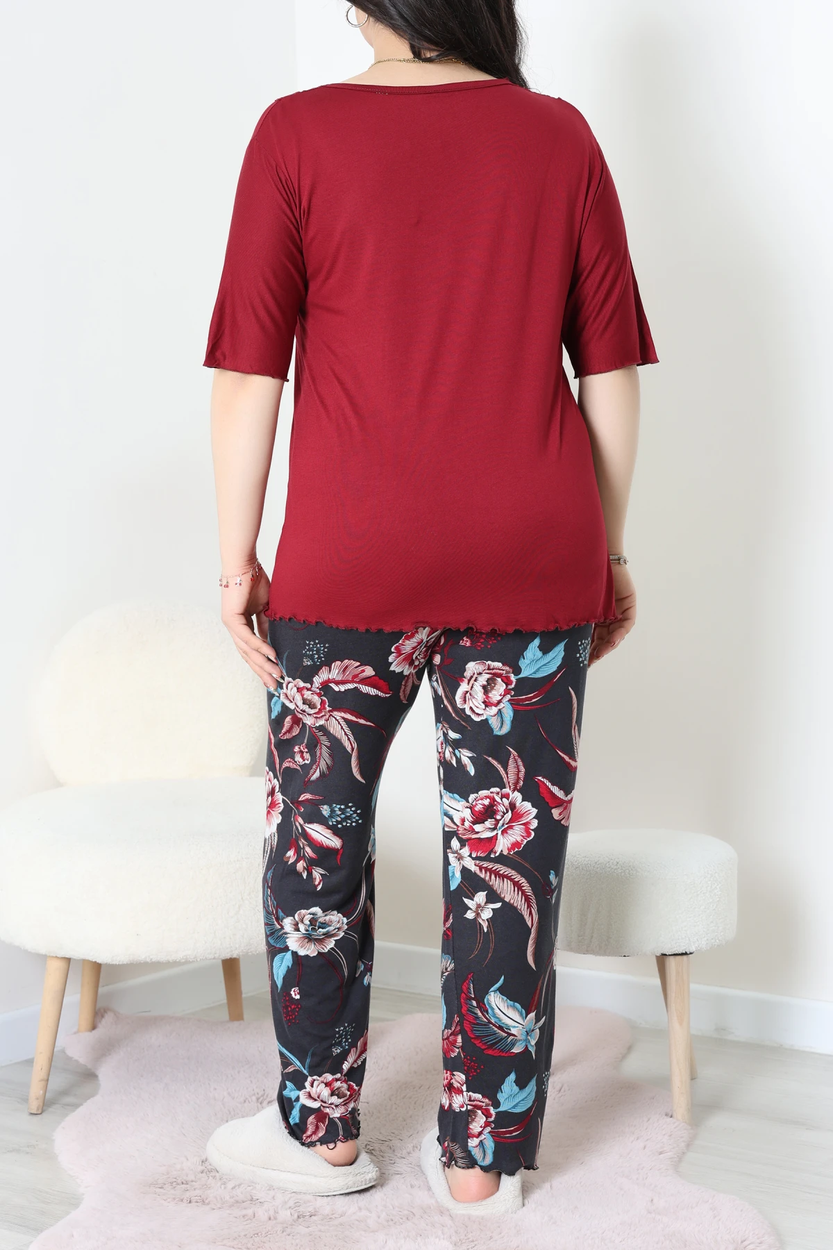 Büyük Beden Dantelli Pijama Takımı Bordomavi - 71500.1773.