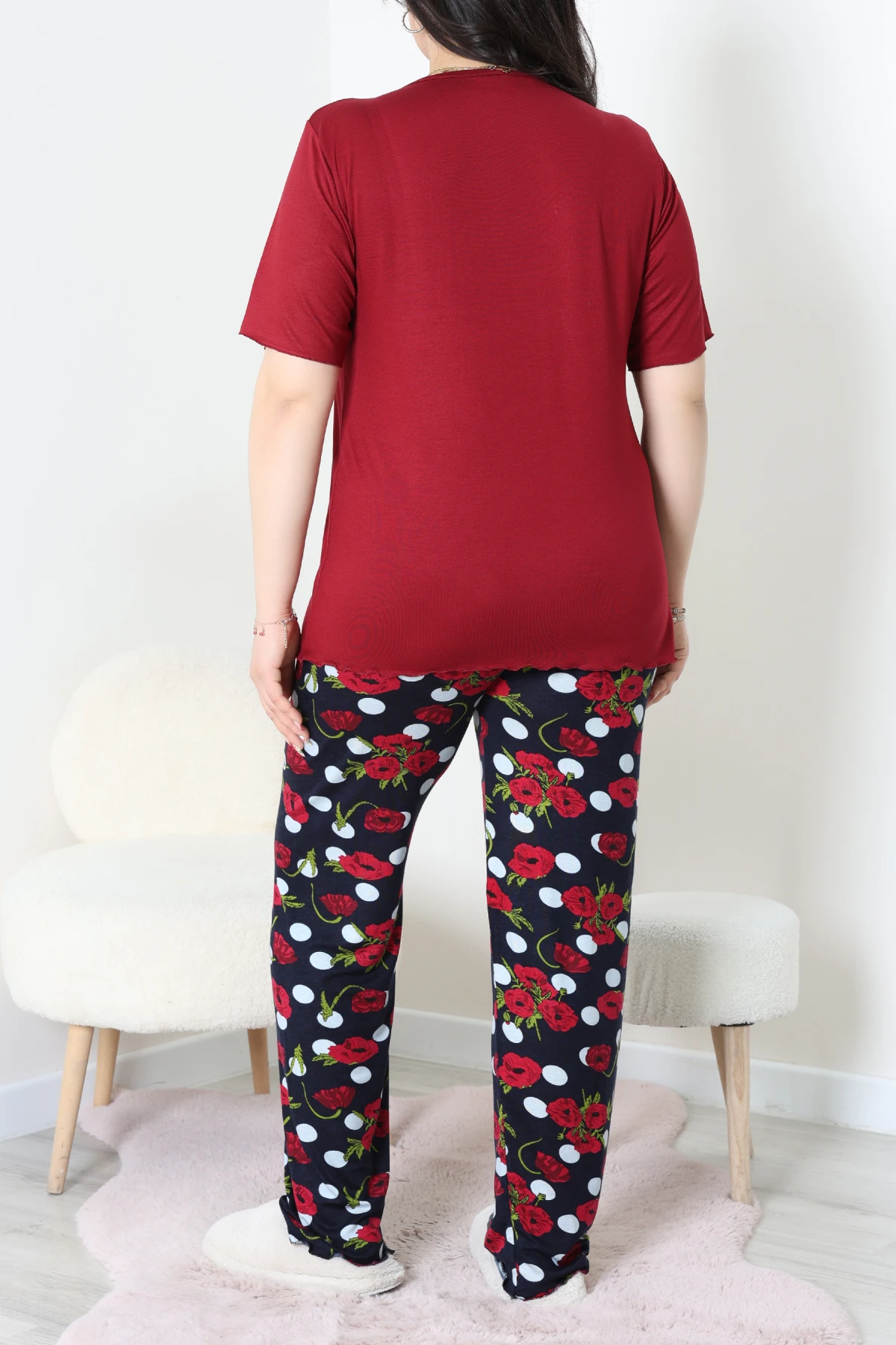 Büyük Beden Dantelli Pijama Takımı Bordoçiçekli - 71500.1773.