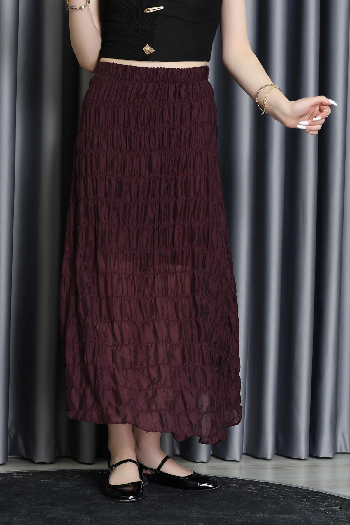 Büzgülü Karışık Dokulu Şifon Etek Mürdüm - 7585.196.