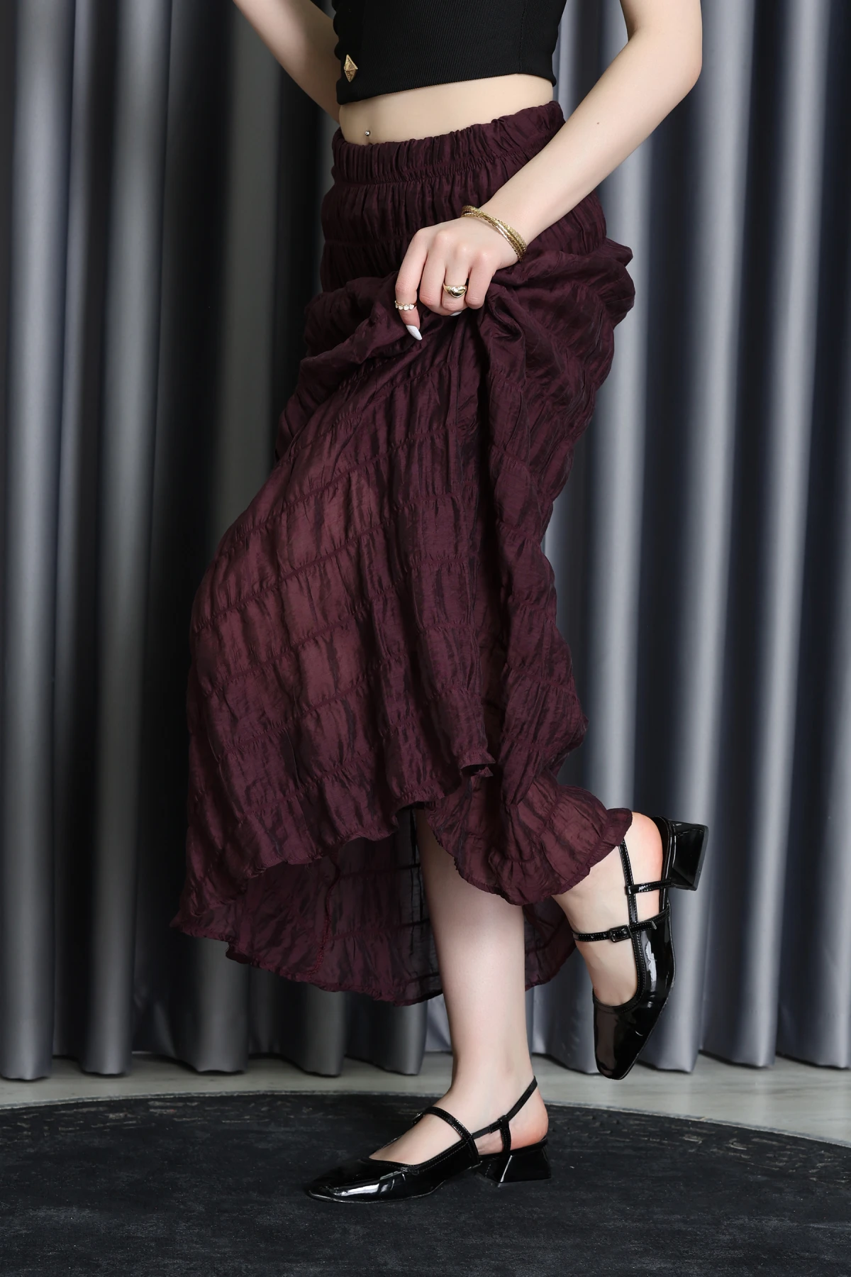 Büzgülü Karışık Dokulu Şifon Etek Mürdüm - 7585.196.