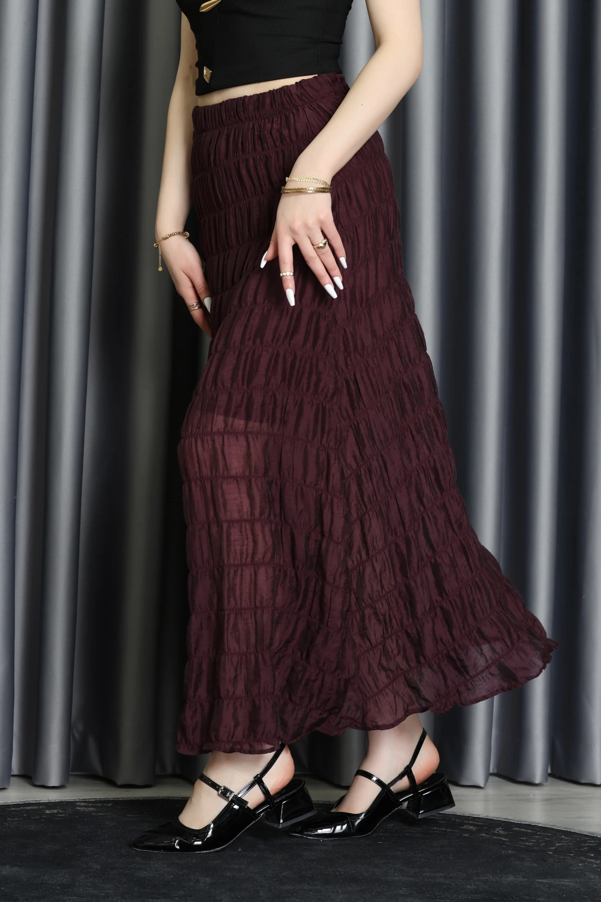 Büzgülü Karışık Dokulu Şifon Etek Mürdüm - 7585.196.