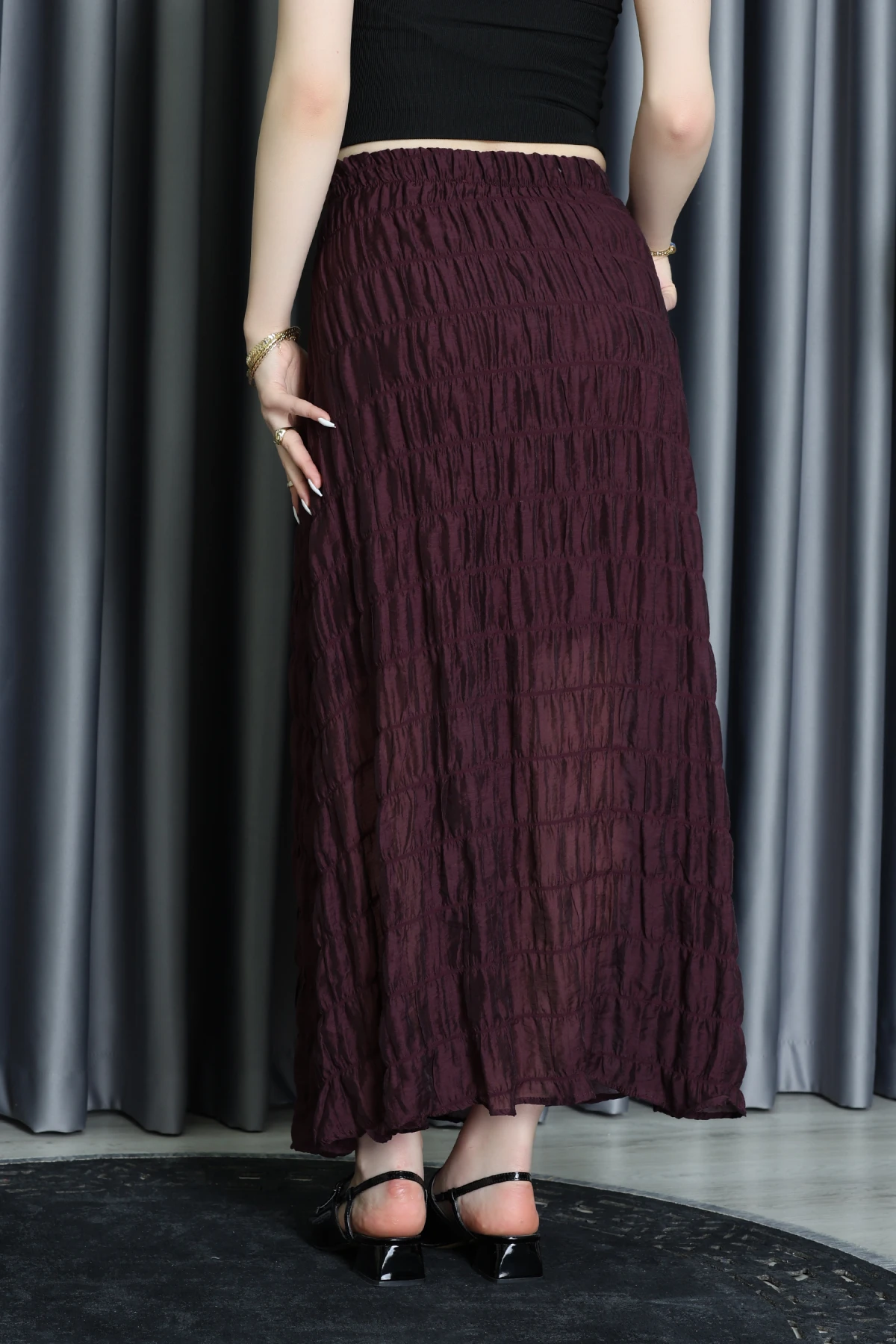 Büzgülü Karışık Dokulu Şifon Etek Mürdüm - 7585.196.