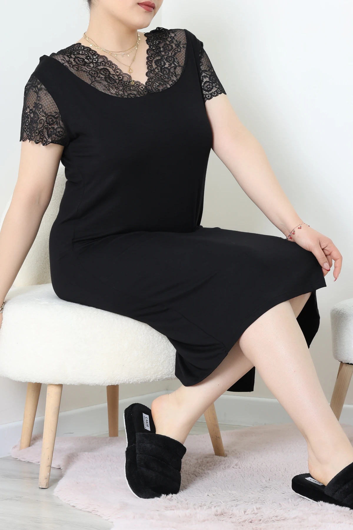 Büyük Beden Dantelli Gecelik Elibse Siyah - 8890.1927.